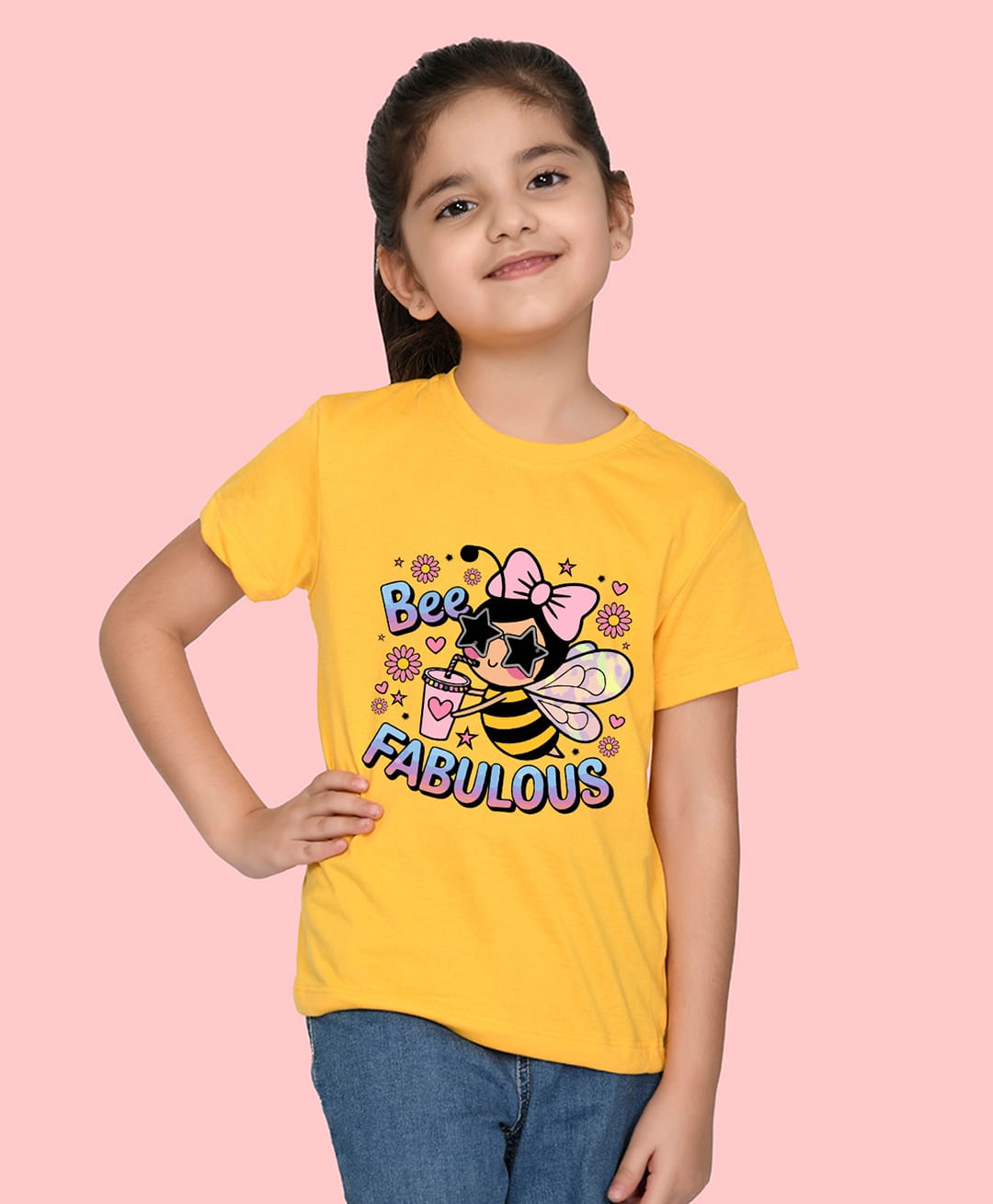 NUSYL Cotton Blend Knit Half Sleeves Bee Fabulous Text Printed Tee - Yellow