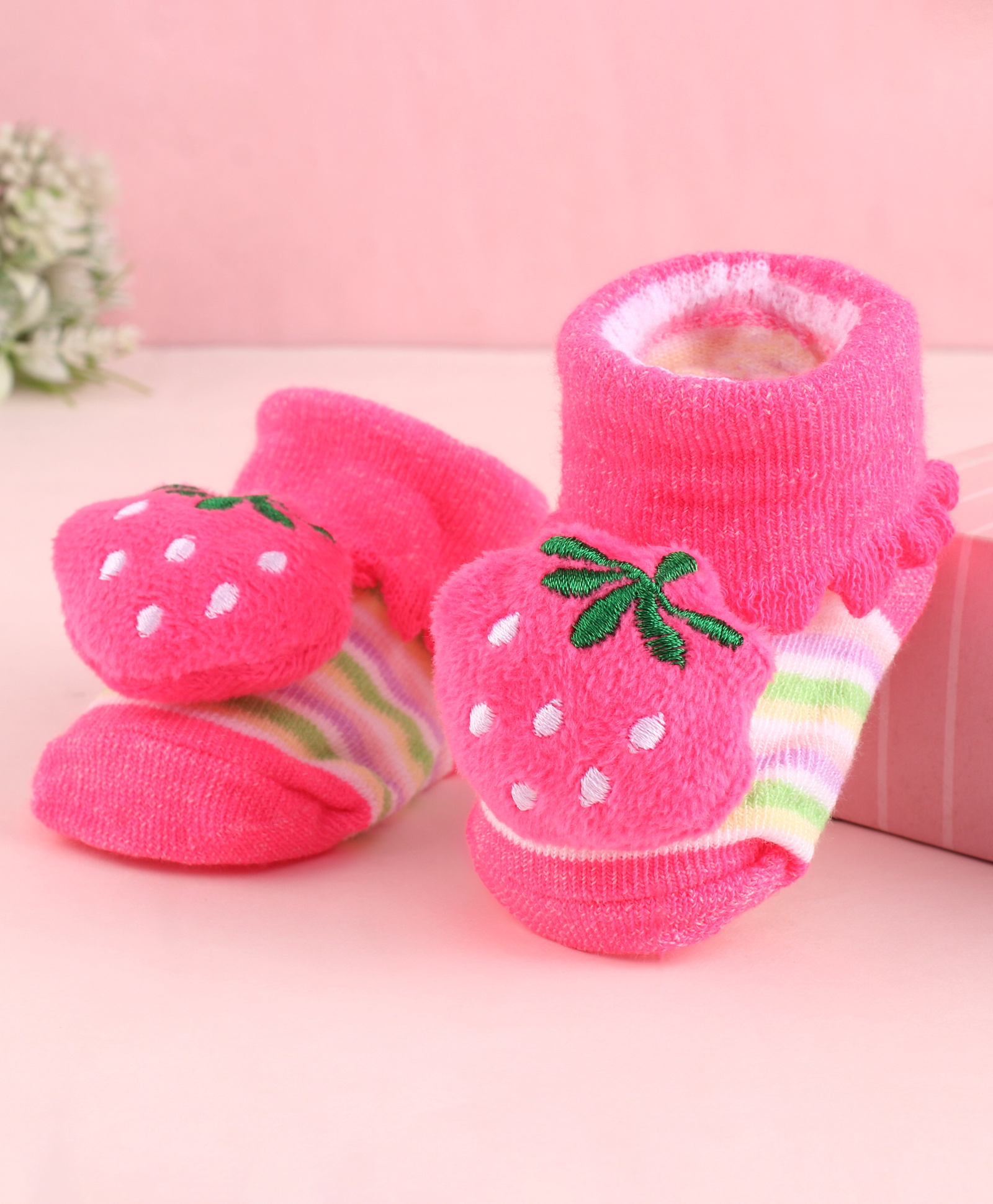 Cute Walk by Babyhug Fabric Socks With Large Strawberry Applique - Dark Pink-picture-22