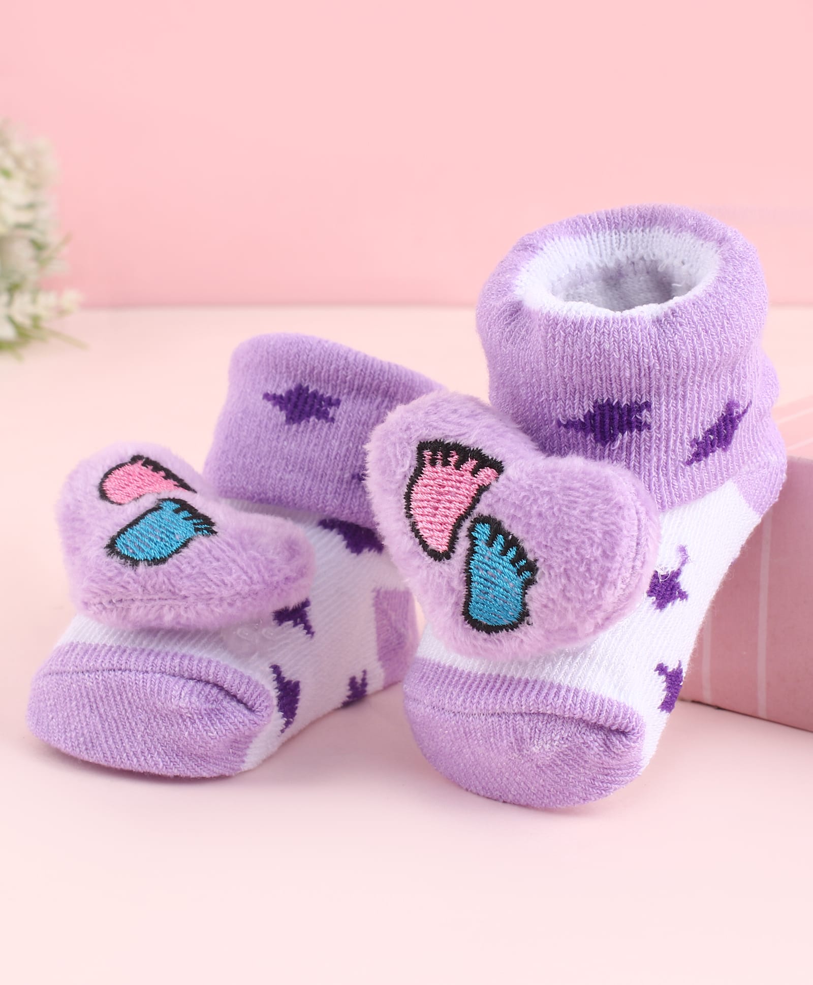 Cute Walk by Babyhug Fabric Socks Shoes With Star Print & Large Heart Applique - Purple-picture-15