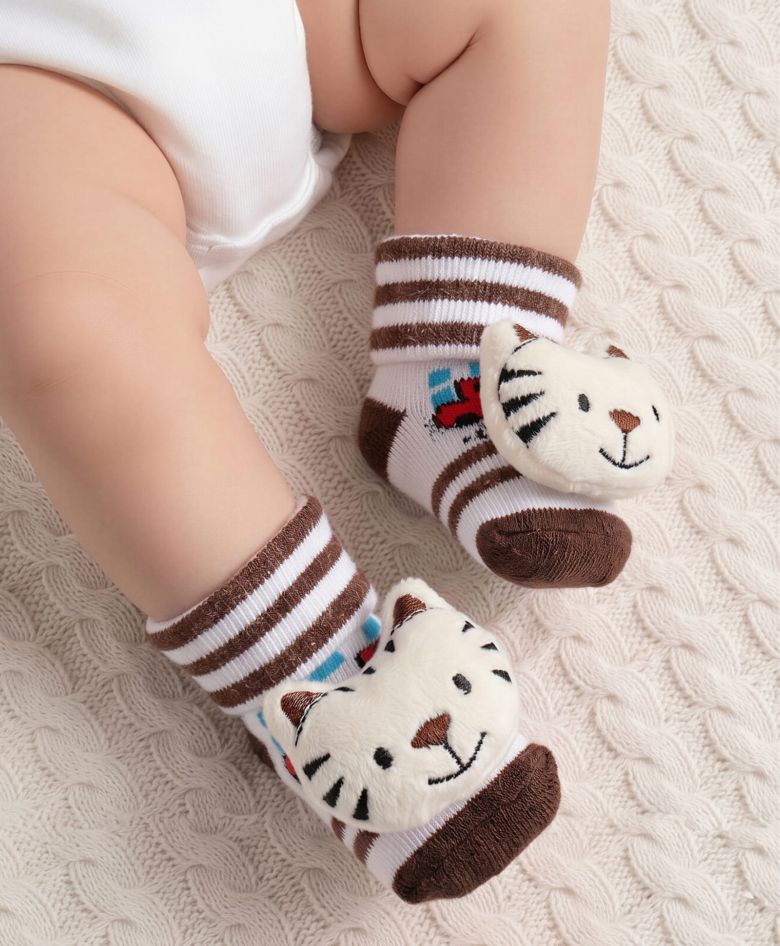 Cute Walk by Babyhug Ankle Length Socks Shoes With Tiger Applique Stripes & Vehicles Design- Brown-picture-25