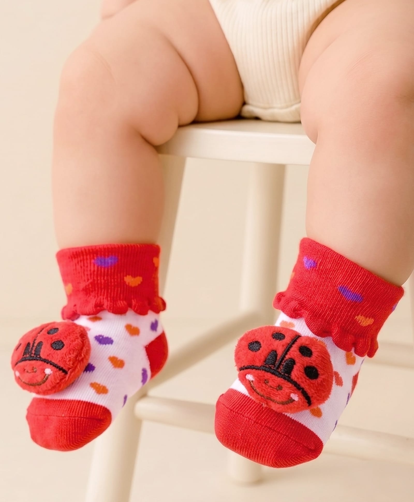 Cute Walk by Babyhug Fabric Ankle Length Socks Shoes with Heart Design & Ladybug Applique- Red & White-image-11