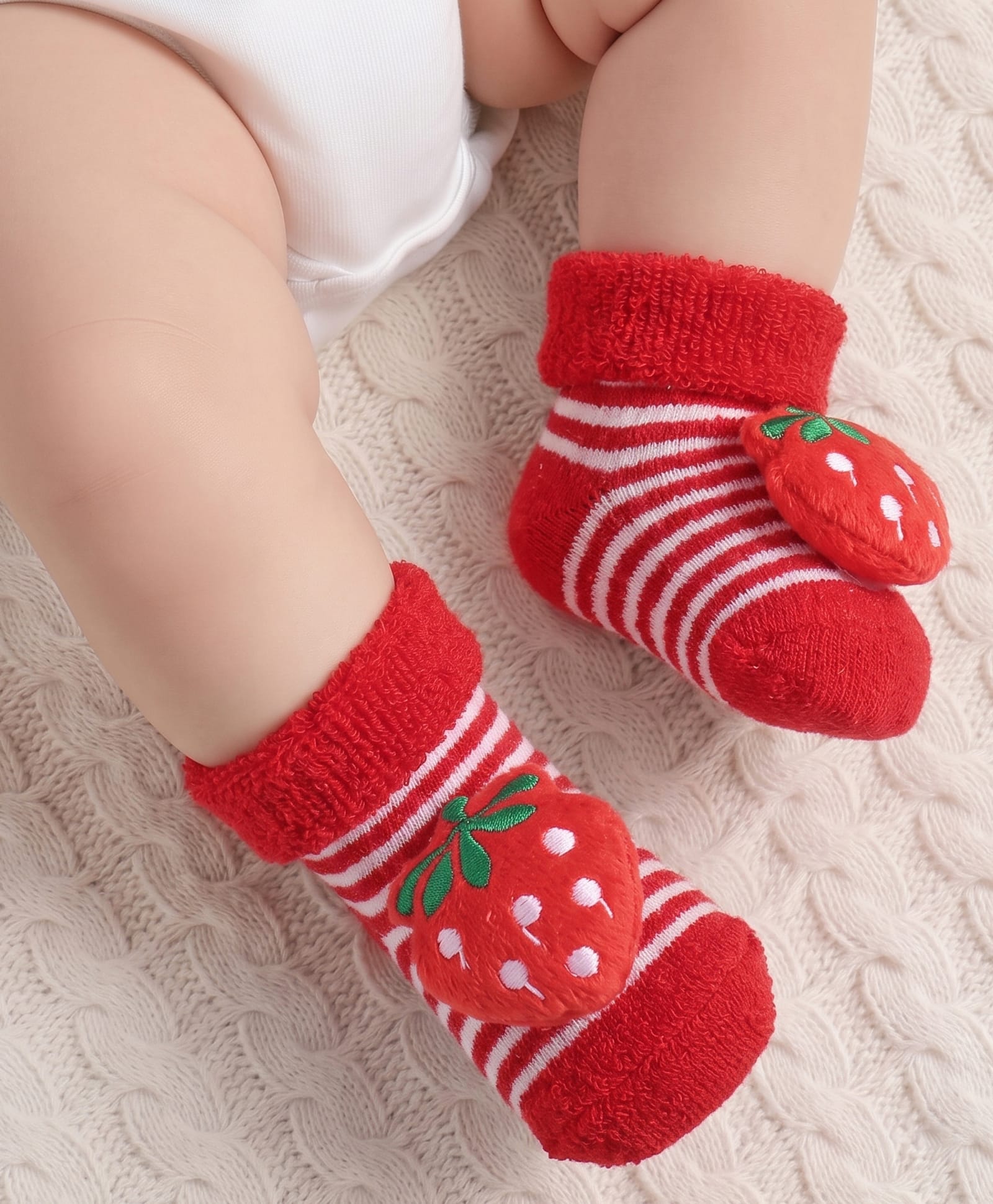 Cute Walk by Babyhug Fabric Ankle Length Socks Shoes with Striped Design & Strawberry Applique- Red-picture-14