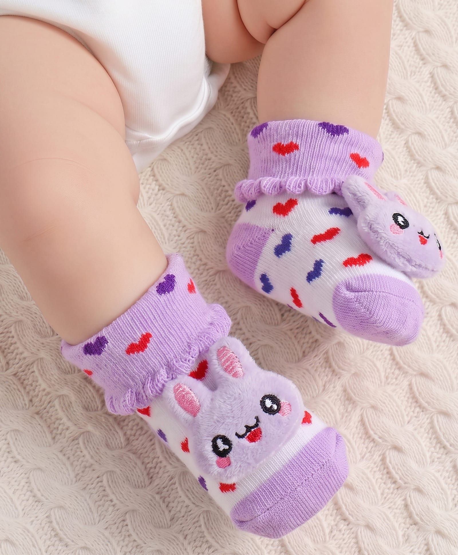 Cute Walk by Babyhug Fabric Ankle Length Socks Shoes with Heart Design & Bunny Applique- Lilac & White-image-49