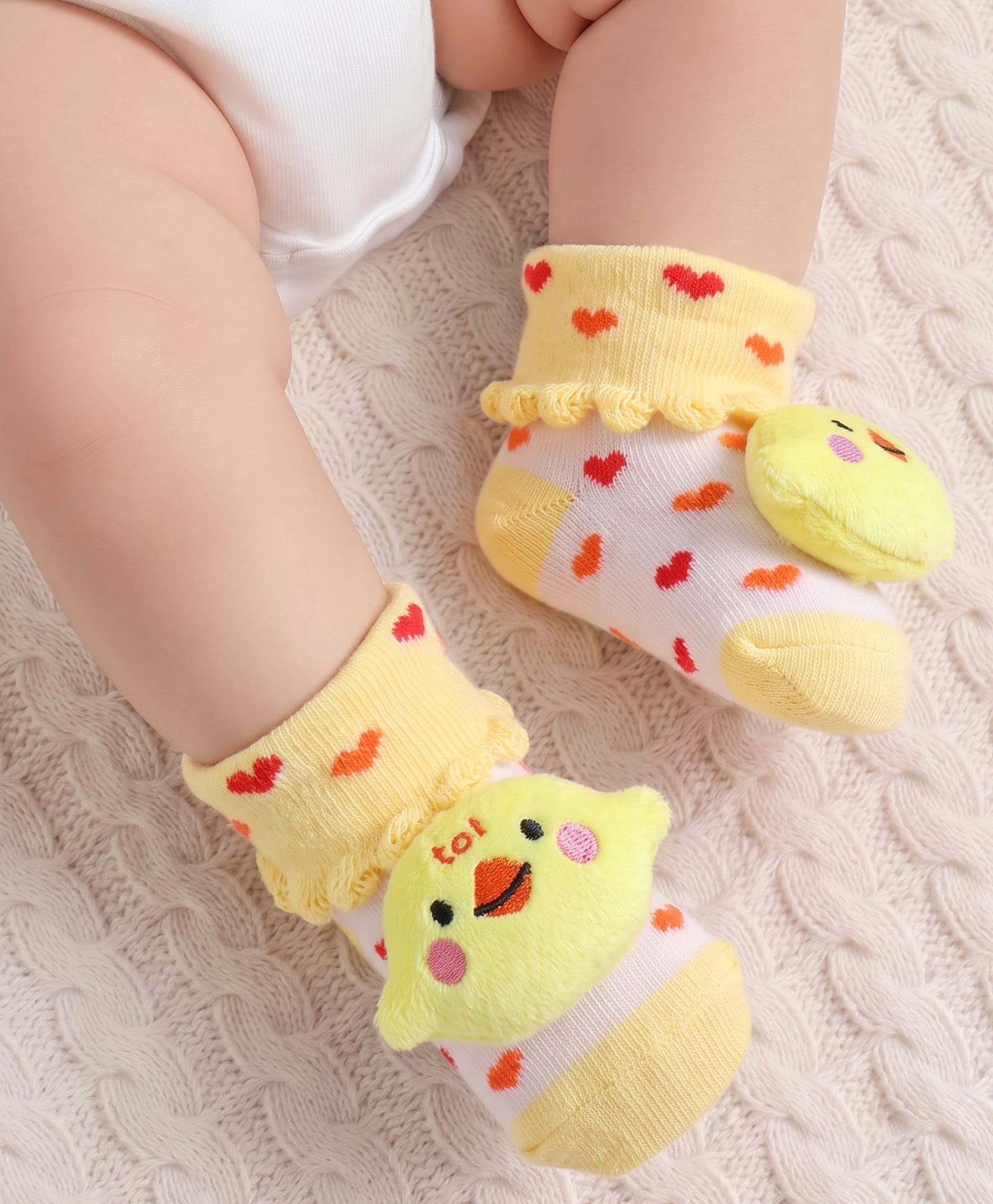 Cute Walk by Babyhug Fabric Ankle Length Socks Shoes with Heart Design & Chick Applique- Yellow-image-15