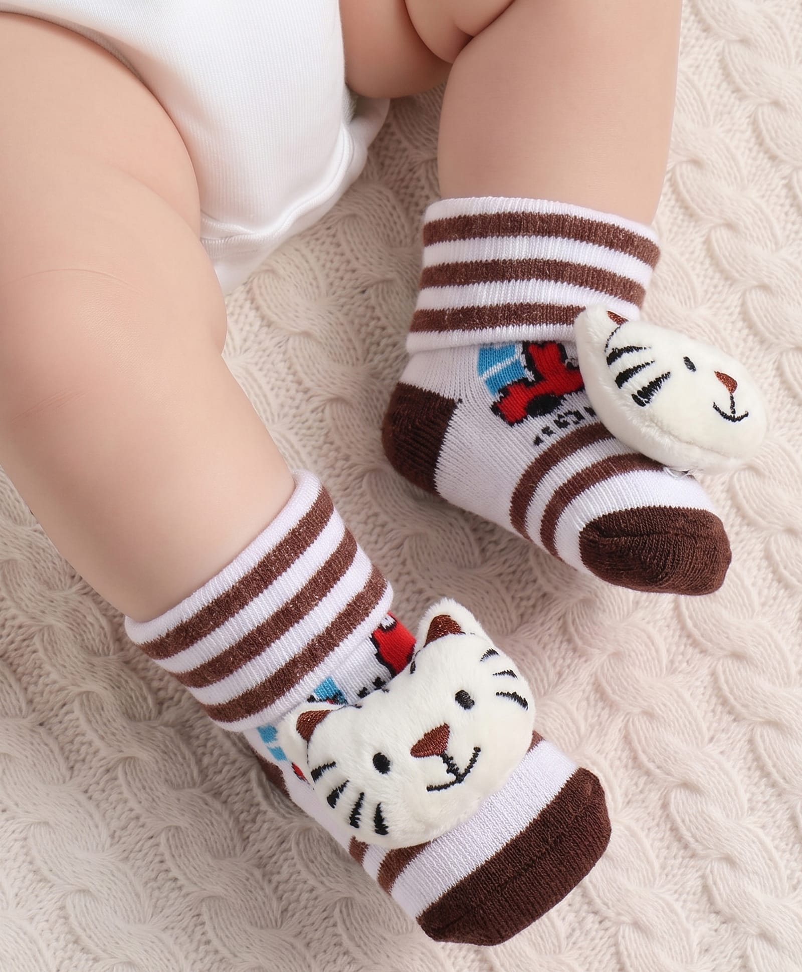 Cute Walk by Babyhug Fabric Ankle Length Socks Shoes with Striped Train Design & Kitten Applique- Brown & White-image-48