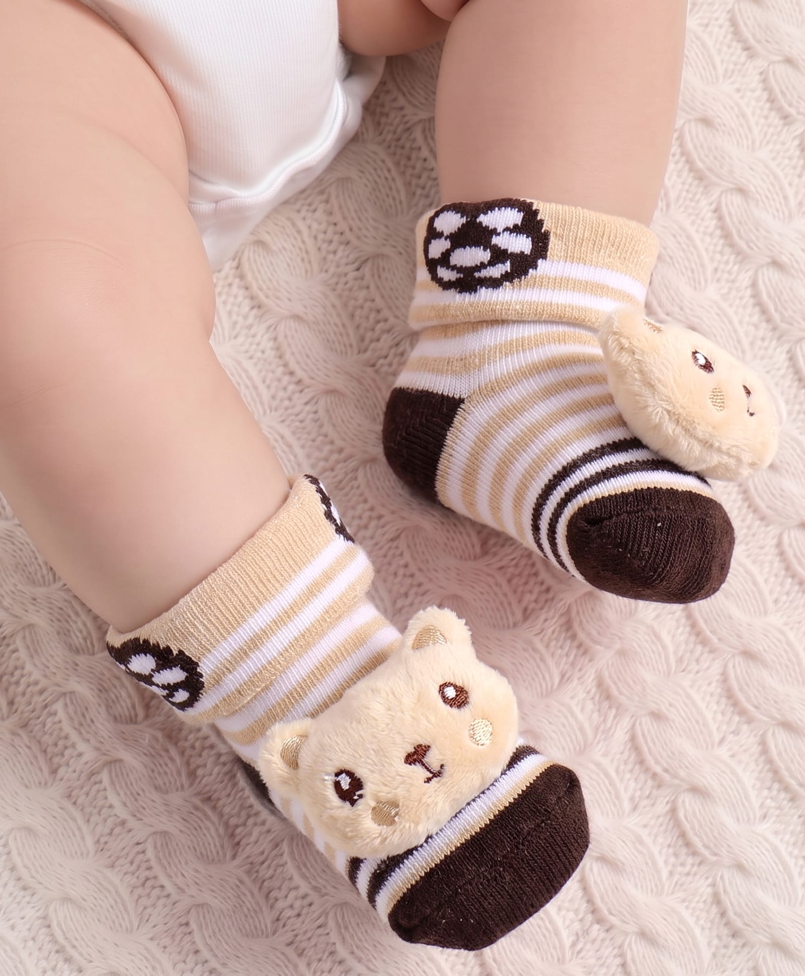 Cute Walk by Babyhug Fabric Ankle Length Socks Shoes with Striped Design & Bear Applique- Beige & Black-image-41
