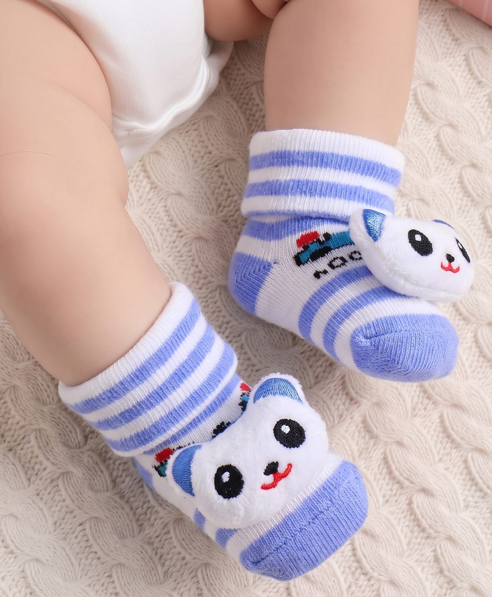 Cute Walk by Babyhug Fabric Ankle Length Socks Shoes with Striped Design & Bear Applique- Light Blue & White-image-3
