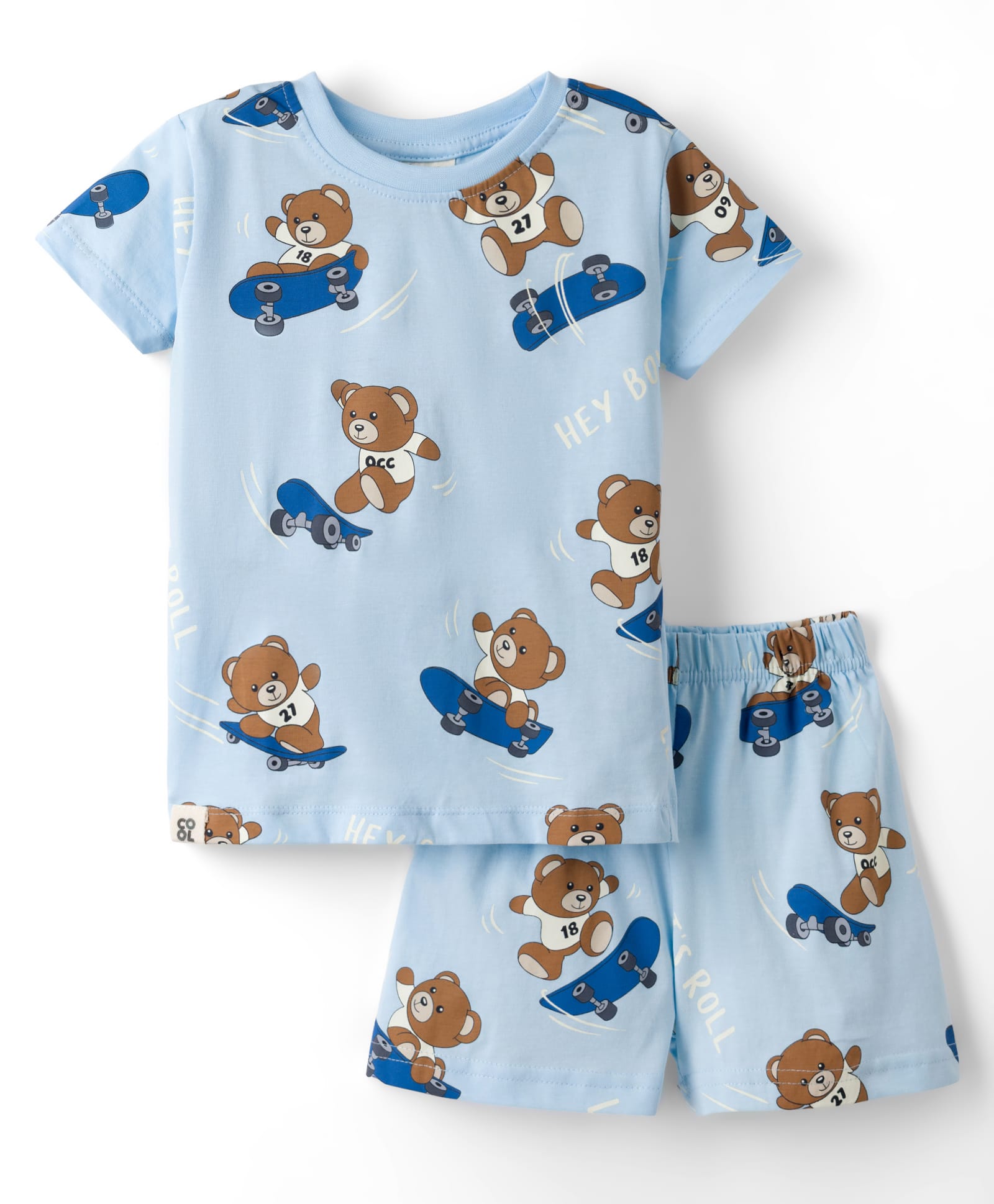 Ollypop Sinker Knit Half Sleeves T-Shirt & Shorts Night Suit with Teddy Bear Print - Blue-picture-28
