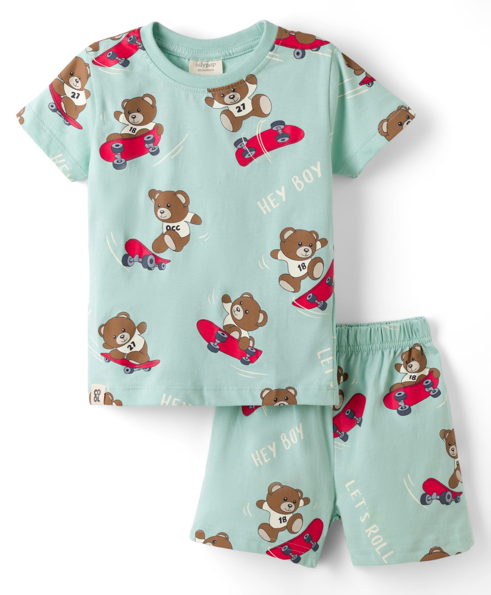 Ollypop Sinker Knit Half Sleeves T-Shirt & Shorts Night Suit with Teddy Bear Print - Green-image-48