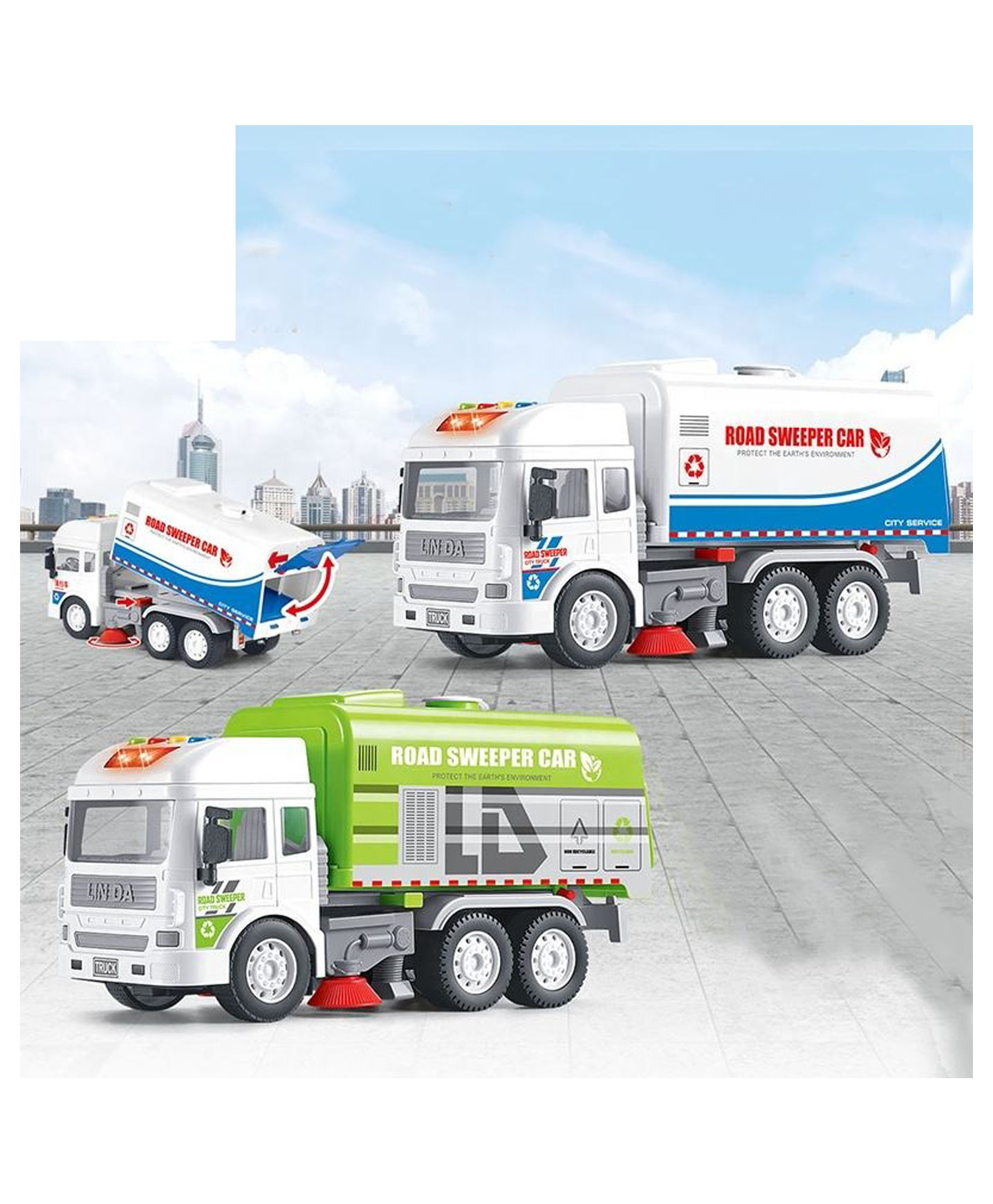 Sanjary City Road Sweeper Truck Toy with Rotating Brushes, Lights, Sounds, and Friction Drive for Realistic Cleaning Play Fun color design may vary-image-48