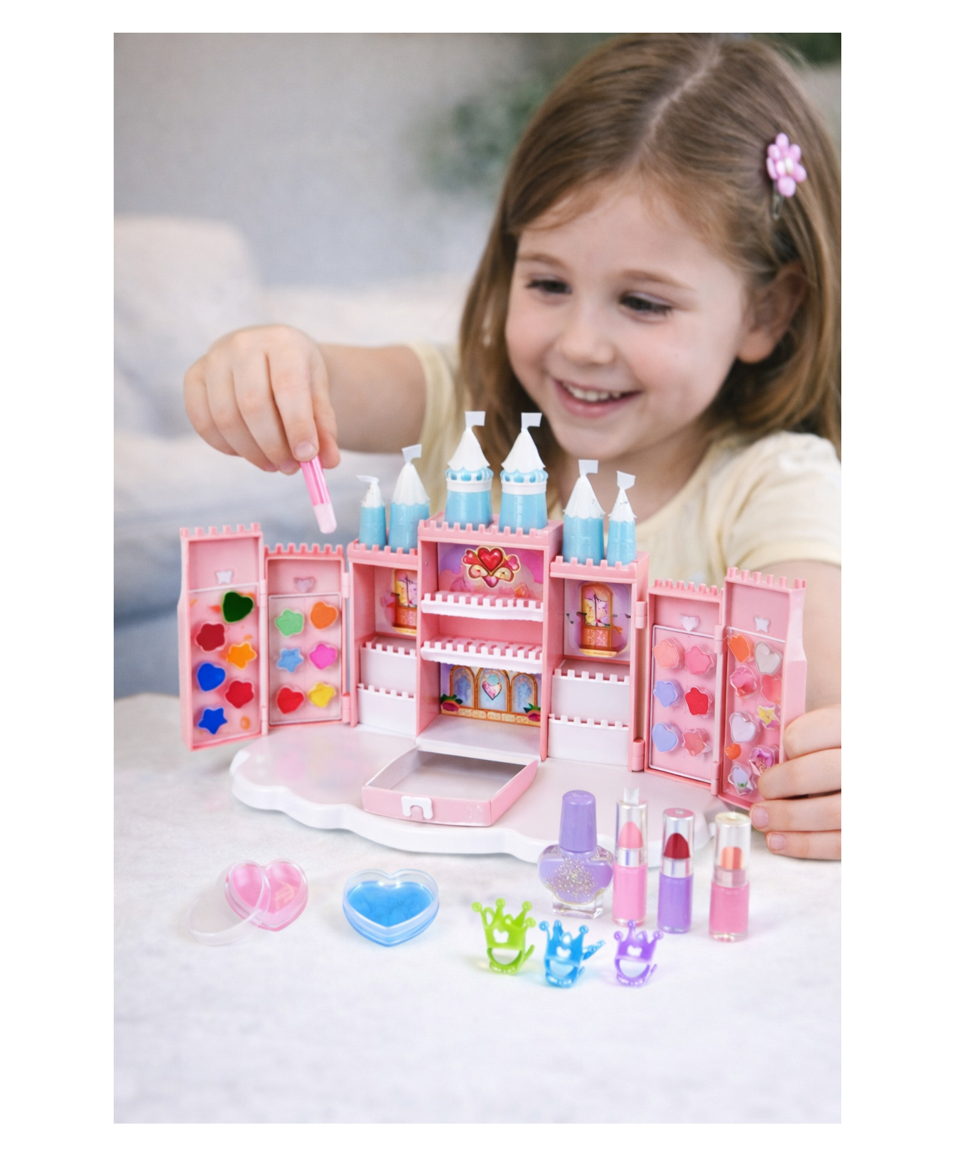 Sanjary Princess Castle Makeup Playset with Pretend Cosmetics, Nail Polish, Lip Gloss, Rings, and Folding Castle Vanity for Kids color design may vary-image-23