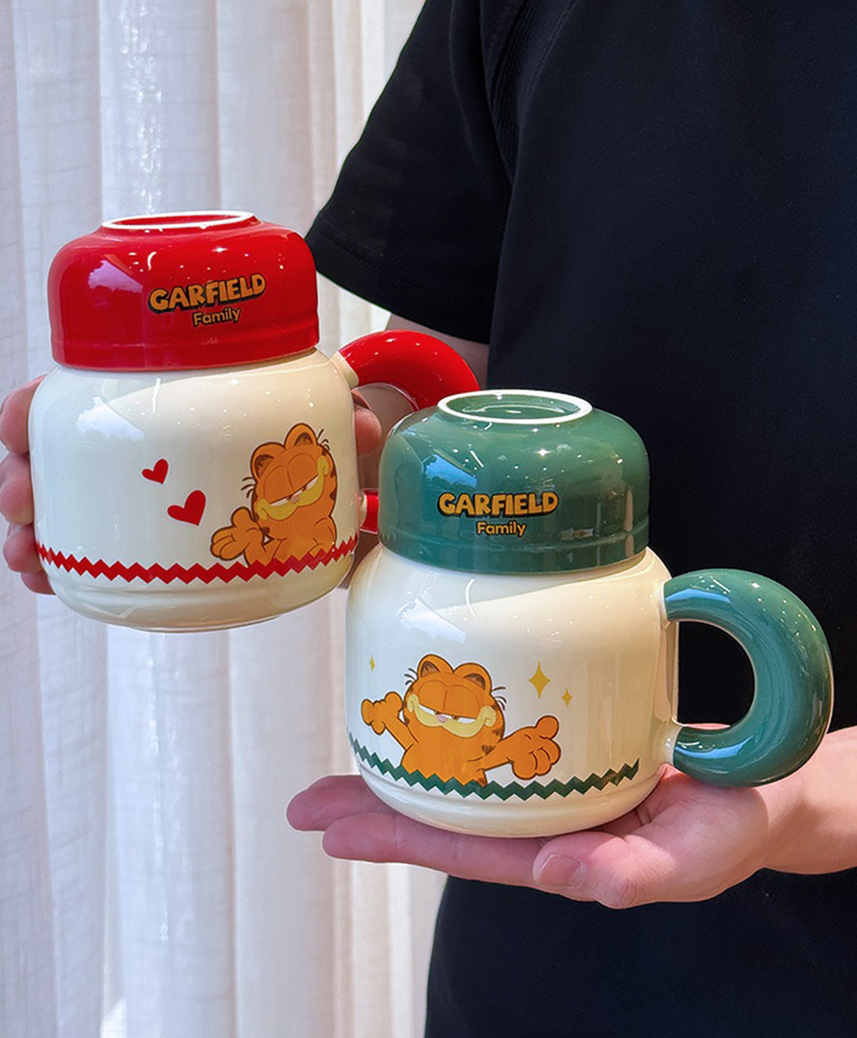 Sanjary Garfield Cartoon Ceramic Mug with Lid, Cute Character Print, Round Handle, and Durable Cup for Coffee, Tea, or Milk color design may vary