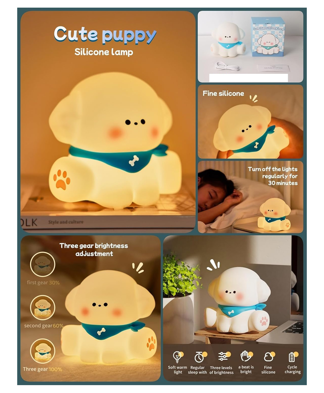 Sanjary Cute Puppy Silicone Night Lamp with Three Brightness Levels, Soft Warm Light, Rechargeable Design, and Touch Control for Kids color design may vary-image-22