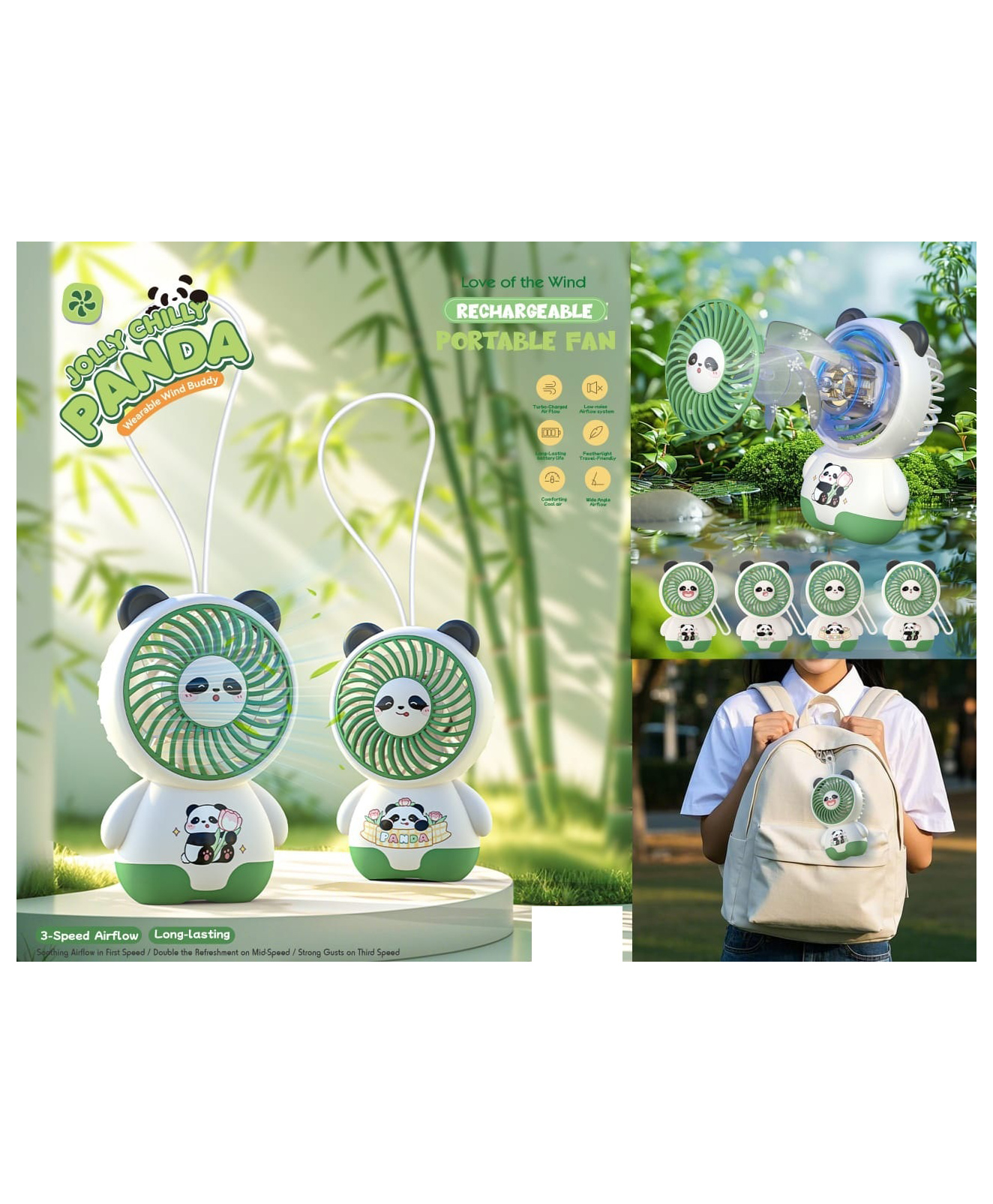 Sanjary Cute Panda Handheld Mini Fan with Rechargeable Battery, Portable Design, Quiet Cooling, and Adorable Summer Cartoon Style color design may vary-picture-45