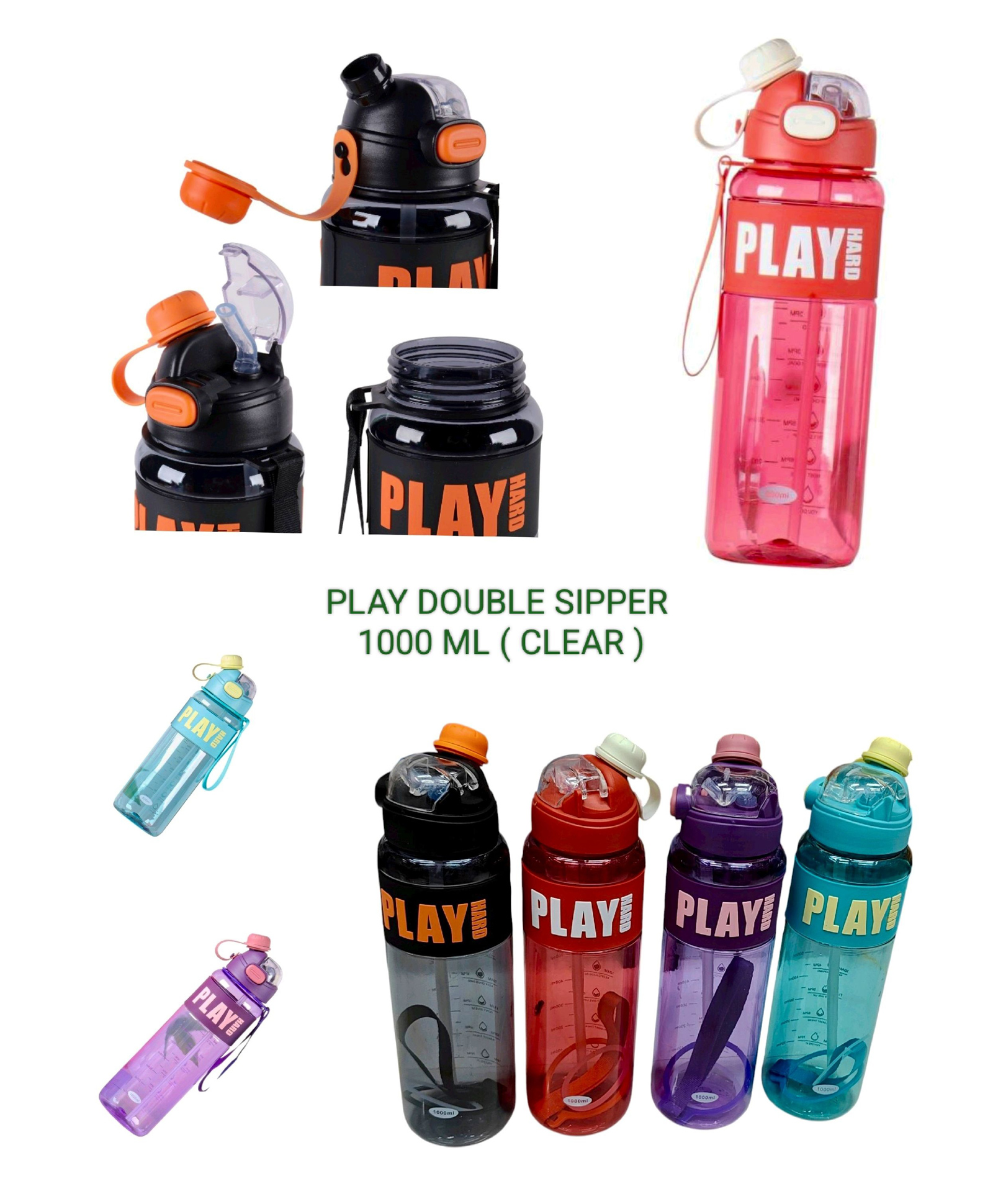 Sanjary Play Double Sipper 1000ml Sports Water Bottle with Straw, Leakproof Flip Lid, Carry Strap, Durable, Lightweight, Clear Design color design may vary-image-8