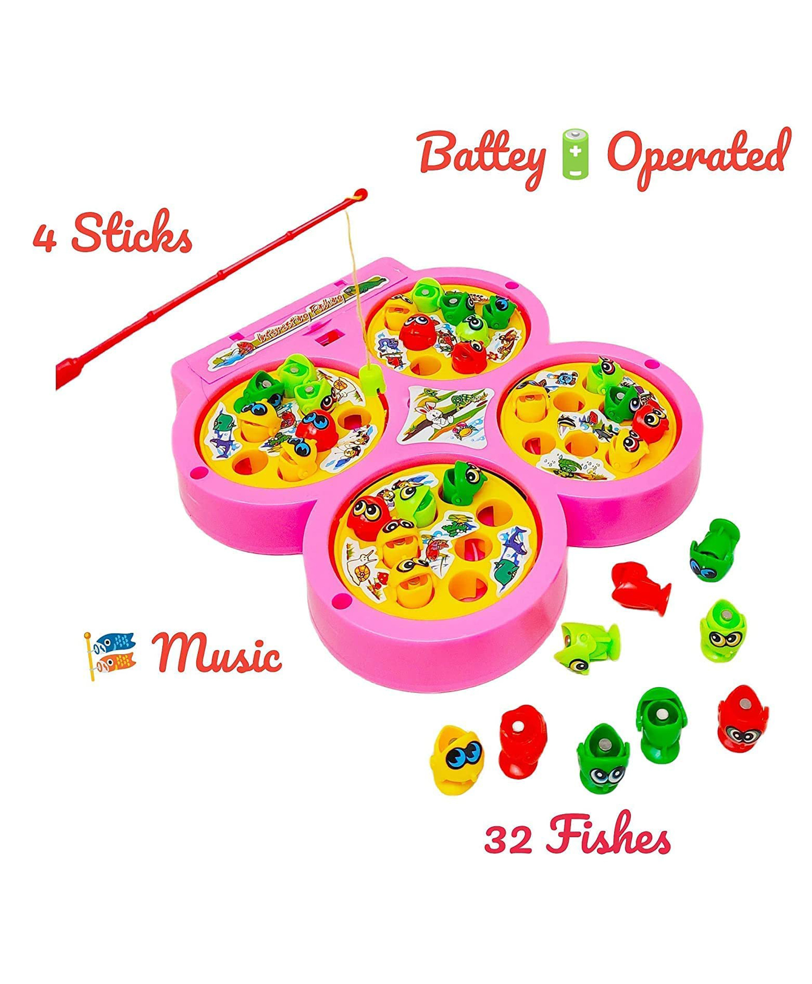 Sanjary Battery Operated Musical Fishing Game Set with Rotating Pond, 4 Fishing Rods, 32 Colorful Fish, Kids Interactive Toy color design may vary
