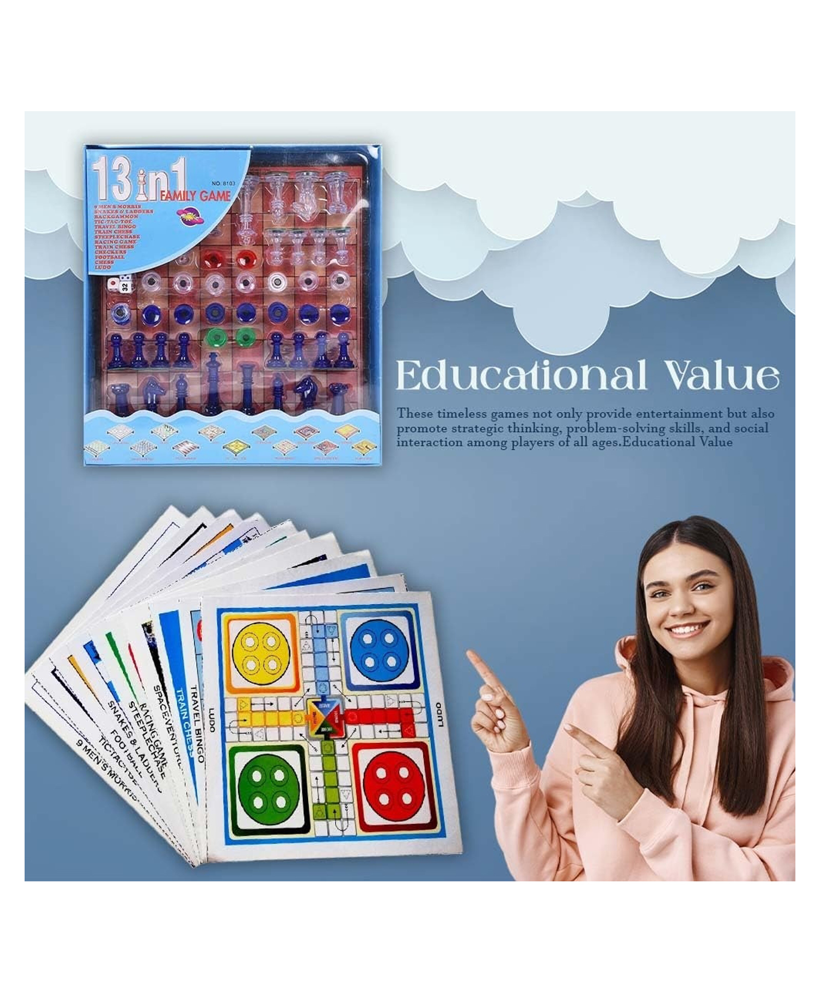 Sanjary 13 in 1 Family Board Game Set, Classic Educational Indoor Games Collection for Kids and Adults with Multiple Boards color design may vary-picture-27