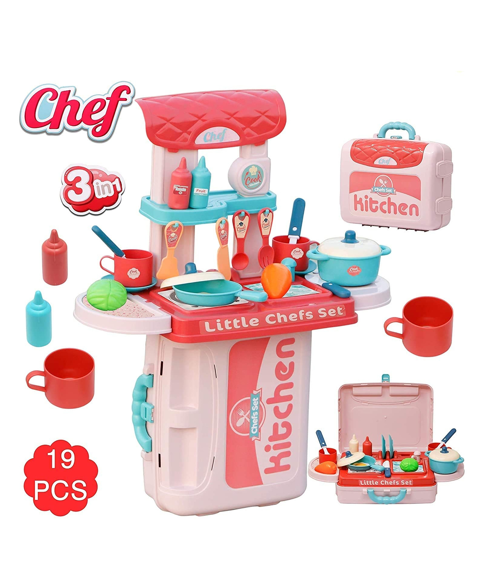 Sanjary 3-in-1 Little Chef Kitchen Playset with Portable Carry Case, Cooking Utensils, Pots, Pans, Pretend Food, Role Play Toy color design may vary-image-15