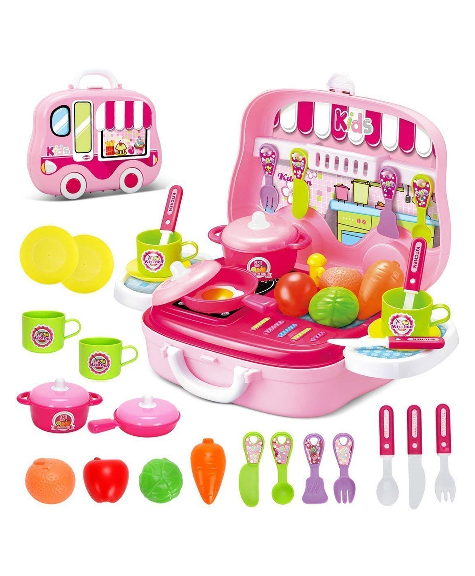 Sanjary Kids Portable Kitchen Playset with Suitcase, Pots, Pans, Utensils, Cups, Plates, Pretend Food, Role Play Cooking Toy Set color design may vary-image-42