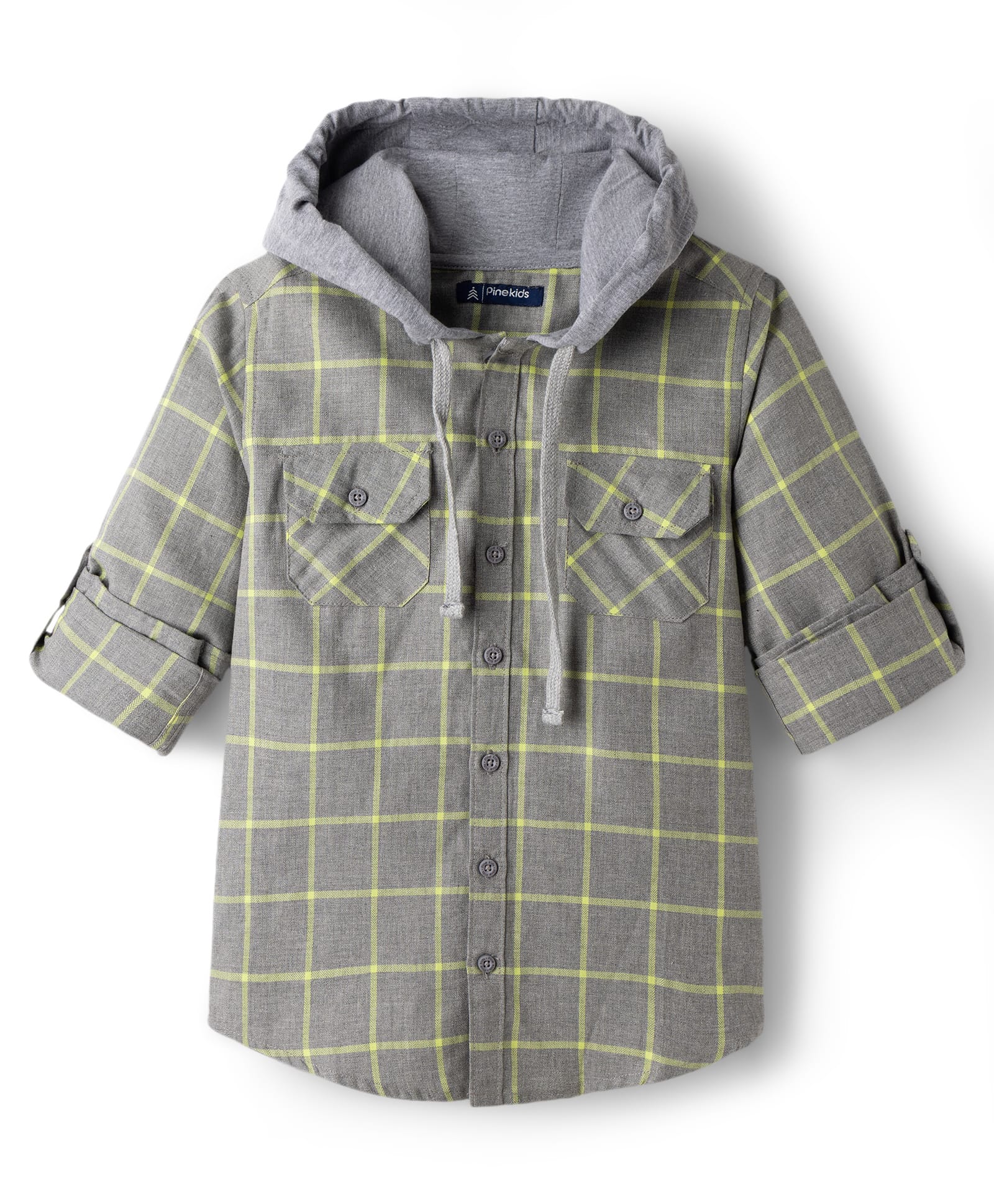 Pine Kids Cotton Woven Full Sleeves Hooded Checks Shirt - Black-image-44
