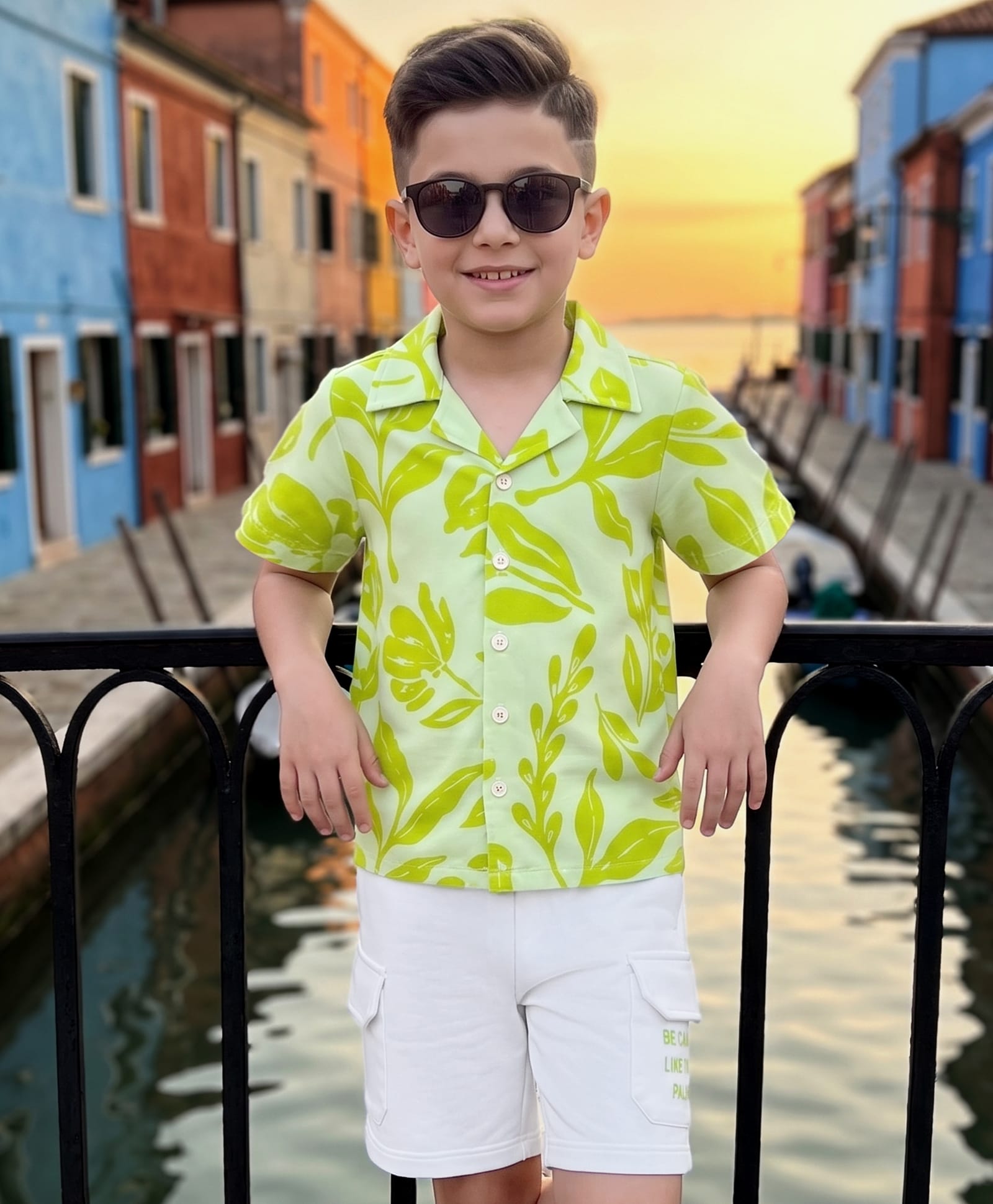 OLLINGTON ST. Sinker Knit Half Sleeves Shirt & Shorts Set With Leaf Print - Multicolor-picture-24