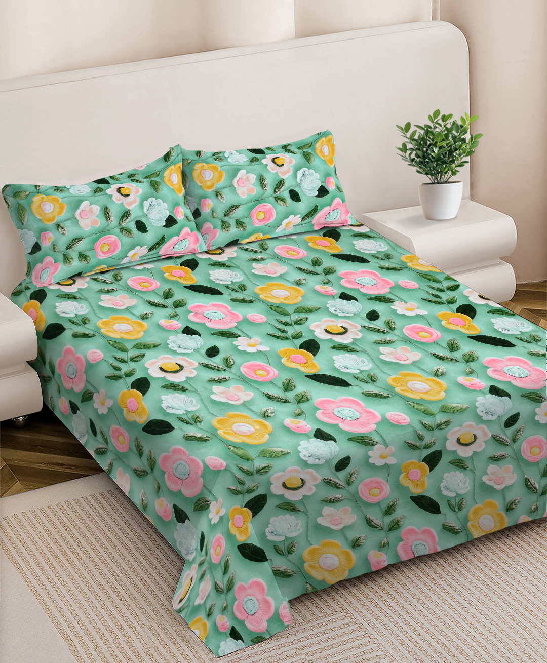 FABINALIV Green Floral 300 TC Cotton Blend 7D King Size Double Bedsheet with 2 Pillow Covers-image-40
