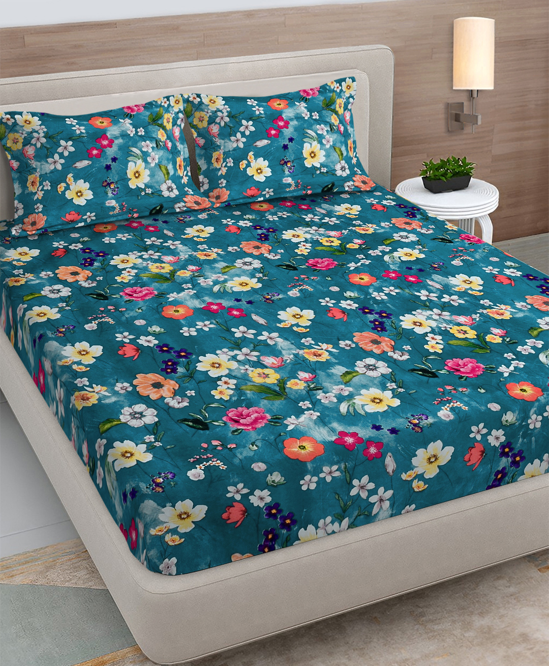 FABINALIV Rama Blue Floral 300 TC Cotton Blend King Size Double Bedsheet with 2 Pillow Covers-image-27