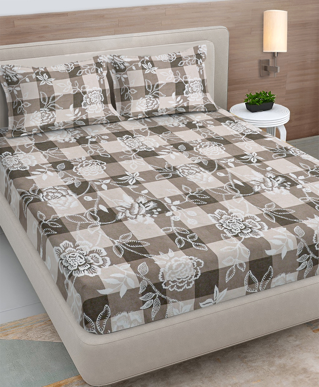 FABINALIV Beige Floral 300 TC Cotton Blend King Size Double Bedsheet with 2 Pillow Covers-image-24