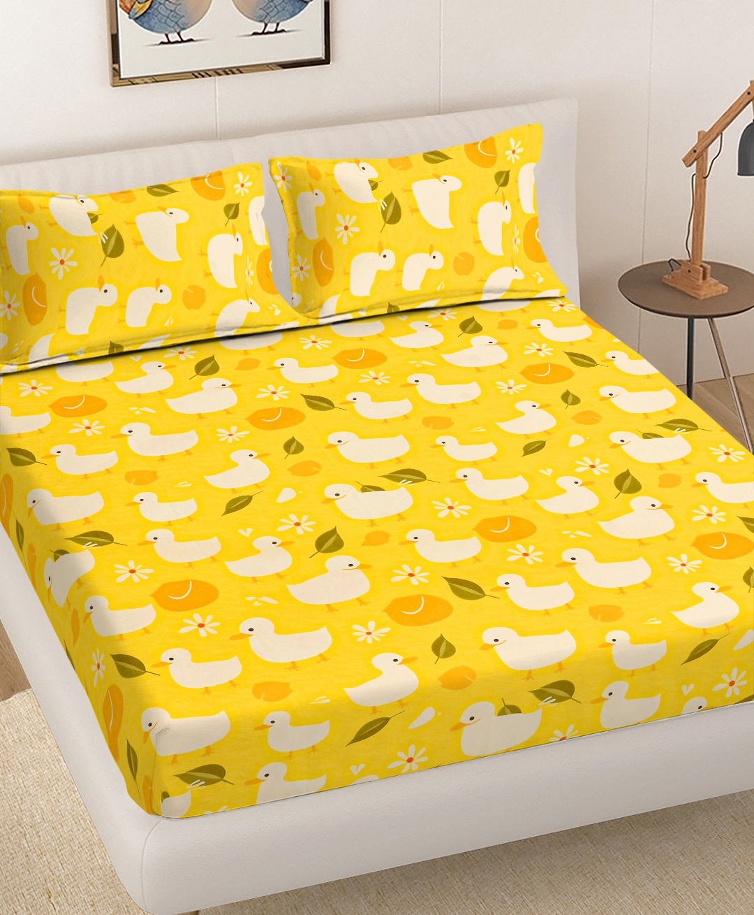 FABINALIV Yellow Cartoon Print 300 TC Cotton Blend King Size Double Bedsheet with 2 Pillow Covers-image-38