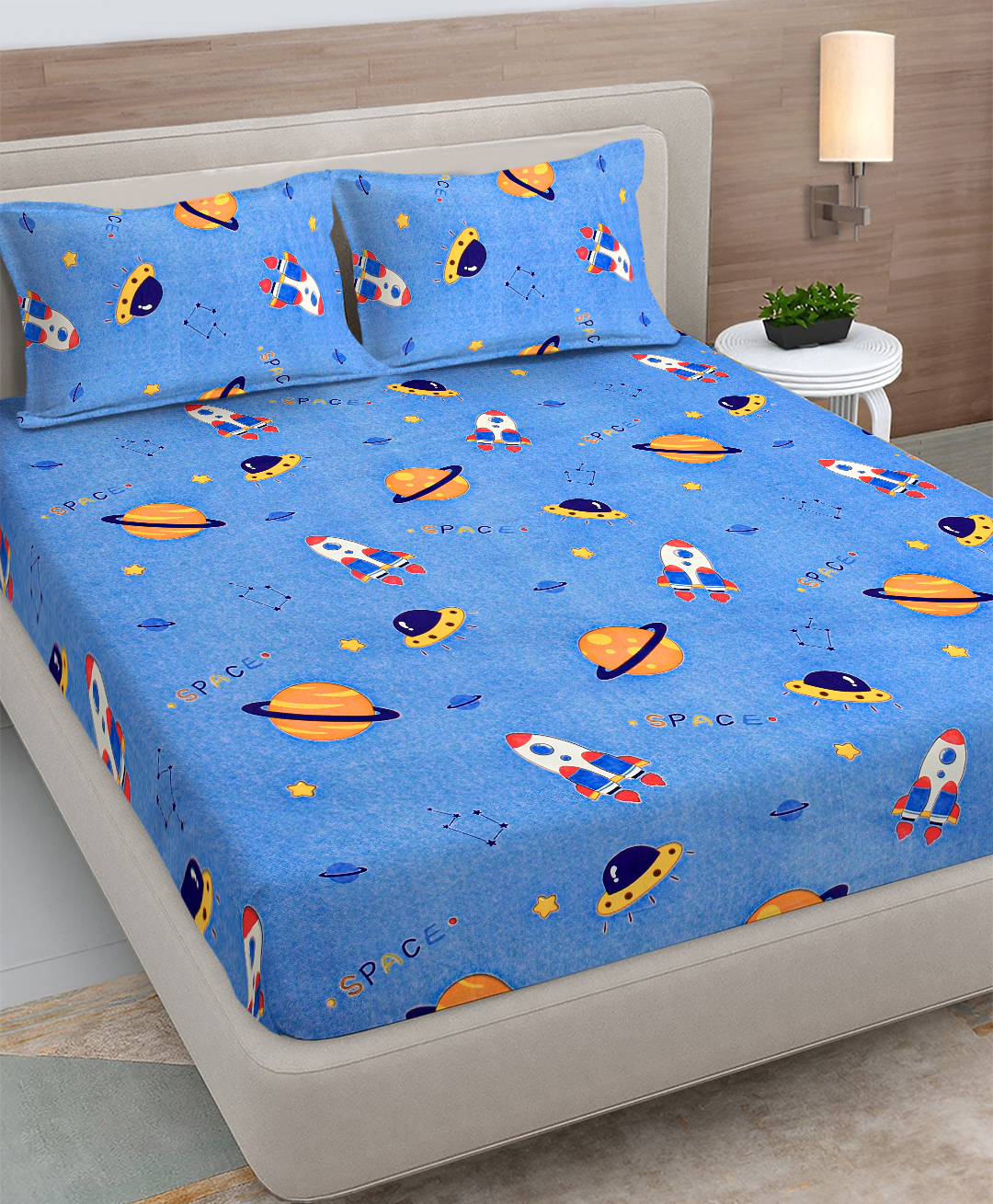 FABINALIV Blue Cartoon Print 300 TC Cotton Blend King Size Double Bedsheet with 2 Pillow Covers-image-3