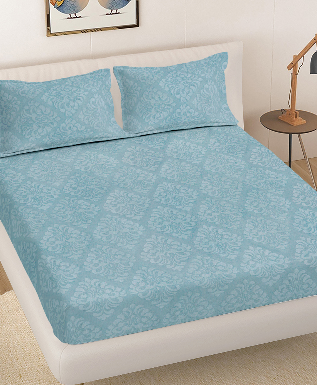 FABINALIV Sky Blue Ethnic 300 TC Cotton Blend King Size Embossed Double Bedsheet with 2 Pillow Covers-image-11