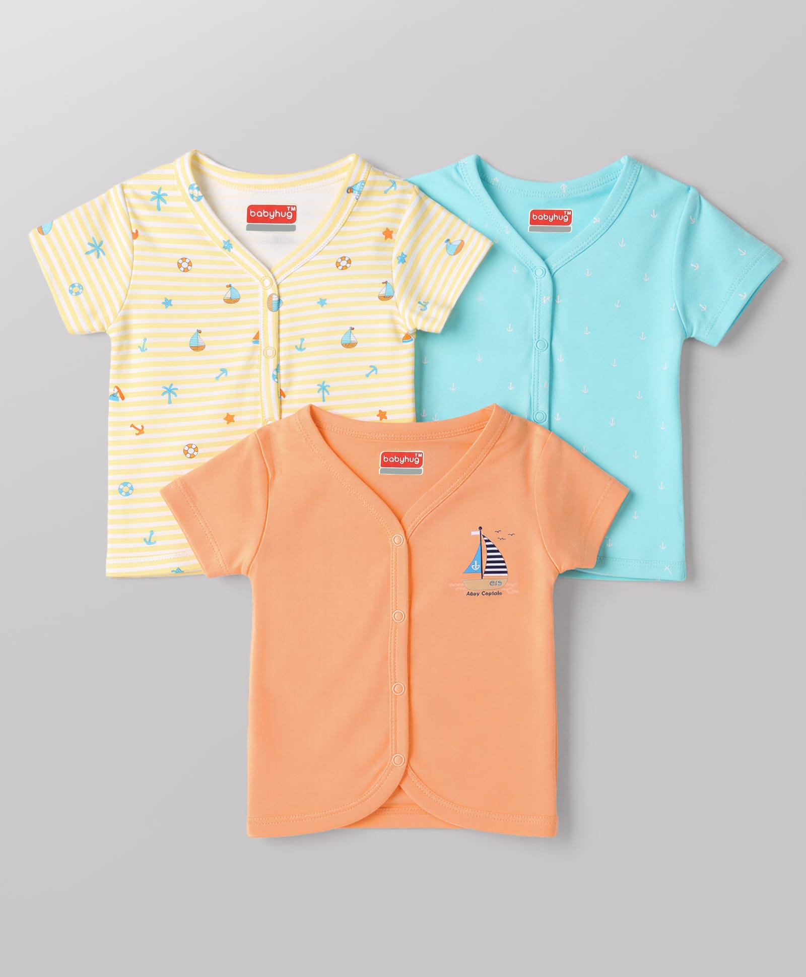 Babyhug 100% Cotton Knit Half Sleeves Nautical Theme Printed Jhablas Pack Of 3 - Multicolor-image-21