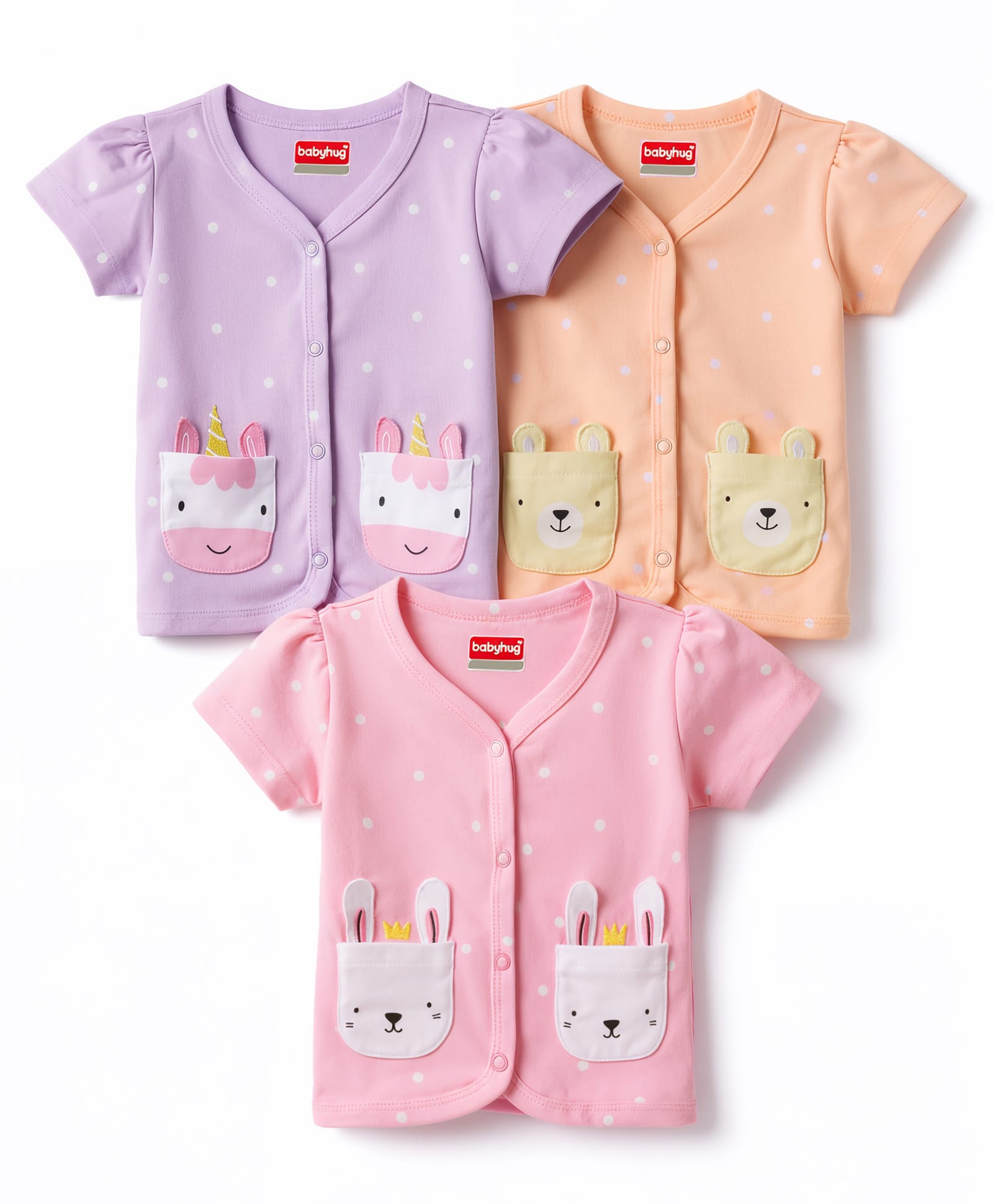 Babyhug 100% Cotton Interlock Knit Half Sleeves Jhablas With Polka Dots Print & Animal Applique Pockets Pack of 3 - Multicolor-image-19