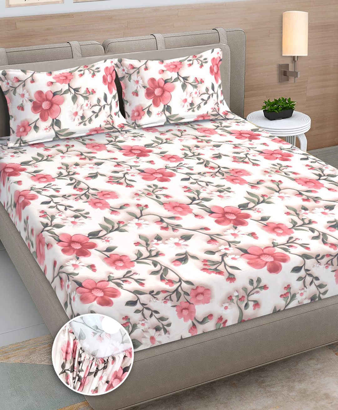 FABINALIV Multicolor Floral 300 TC Cotton Blend 7D King Size Fitted Double Bedsheet with 2 Pillow Covers-picture-31