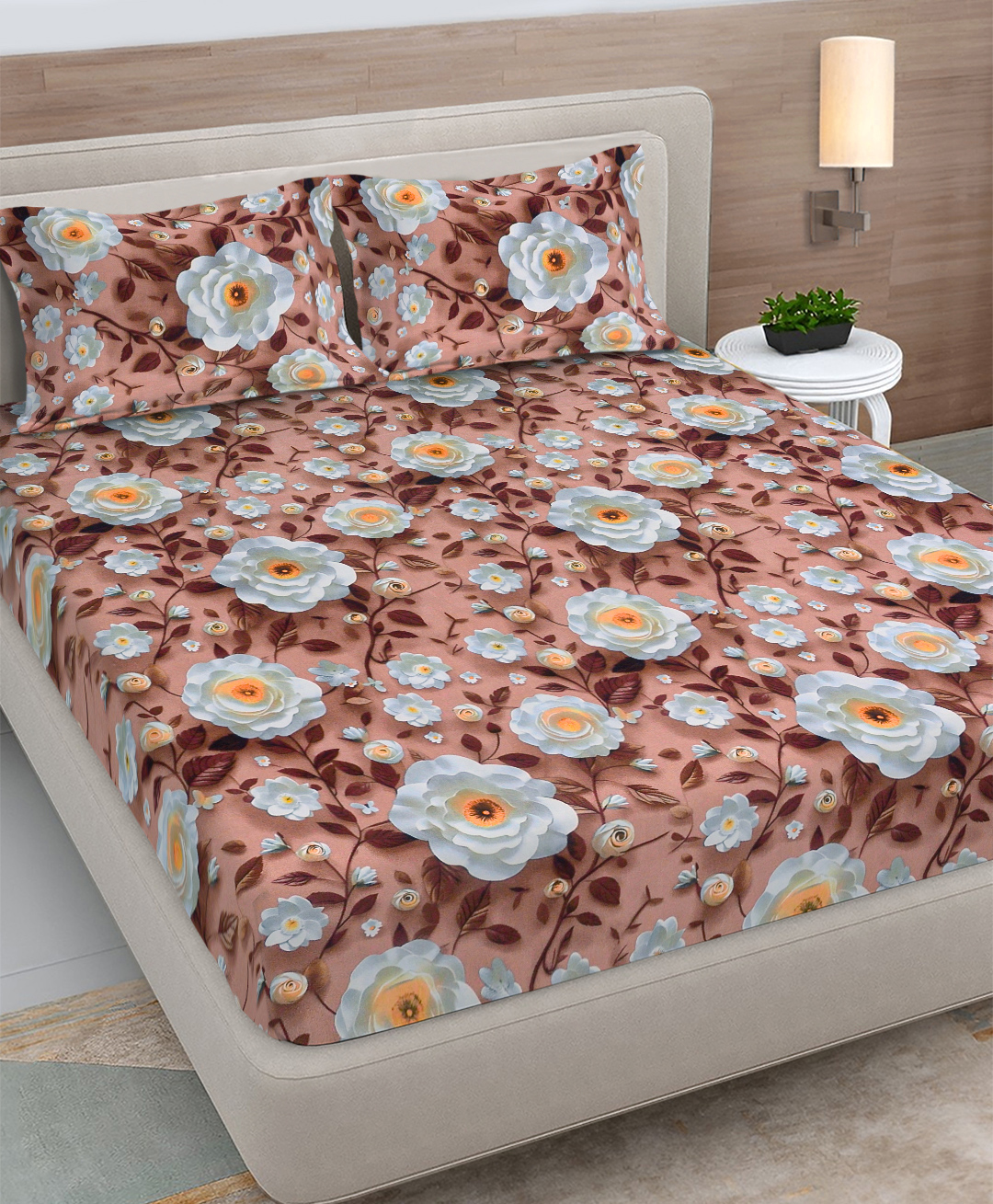 FABINALIV Brown Floral 300 TC Cotton Blend 7D King Size Fitted Double Bedsheet with 2 Pillow Covers-image-13
