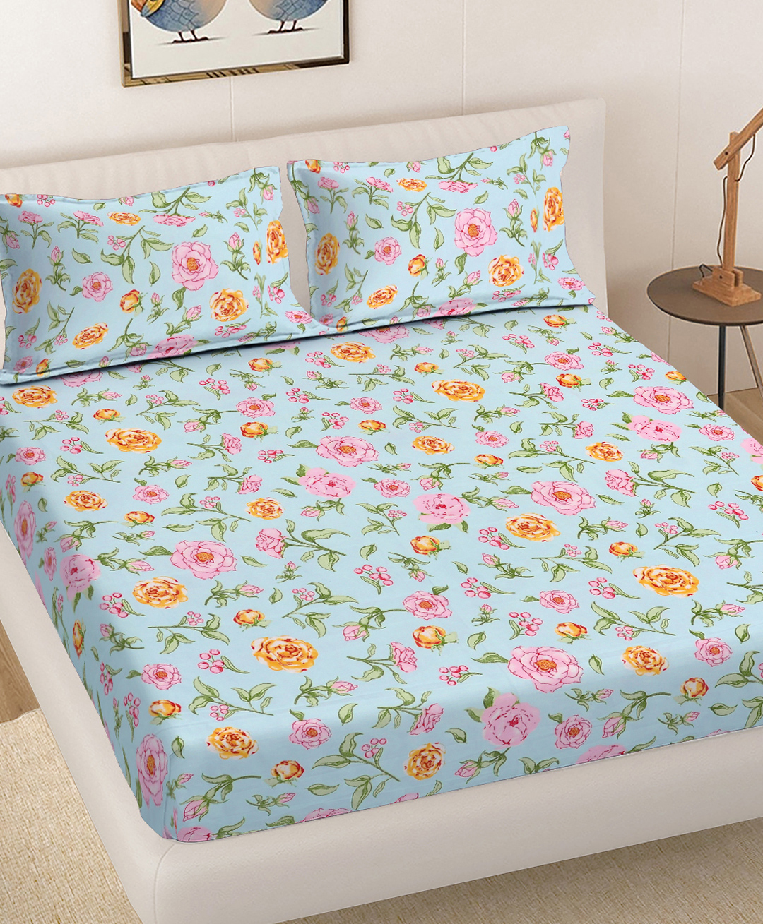 FABINALIV Multicolor Floral 300 TC Cotton Blend King Size Fitted Double Bedsheet with 2 Pillow Covers-picture-28