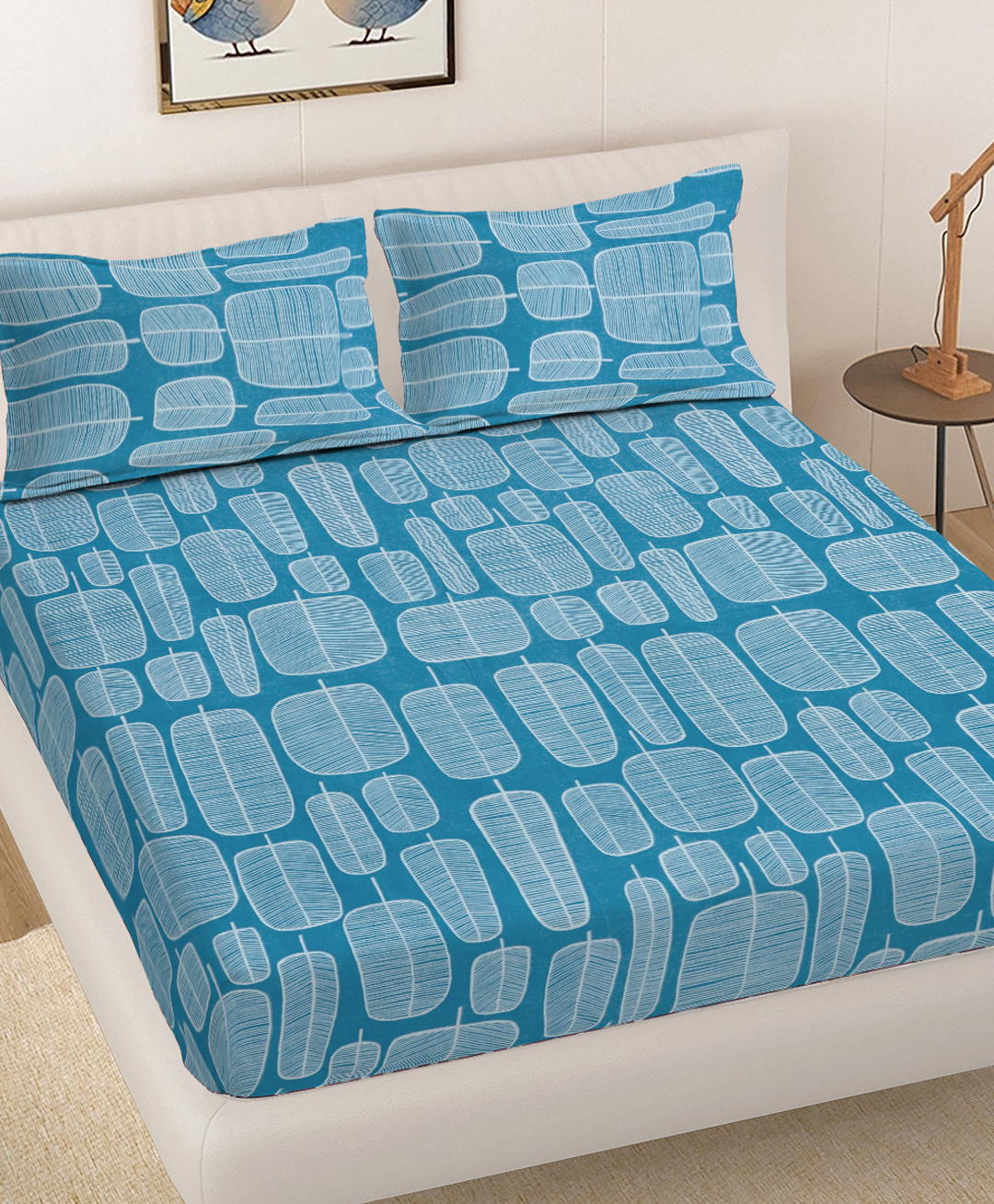 FABINALIV Blue Geometric 300 TC Cotton Blend King Size Fitted Double Bedsheet with 2 Pillow Covers-picture-15