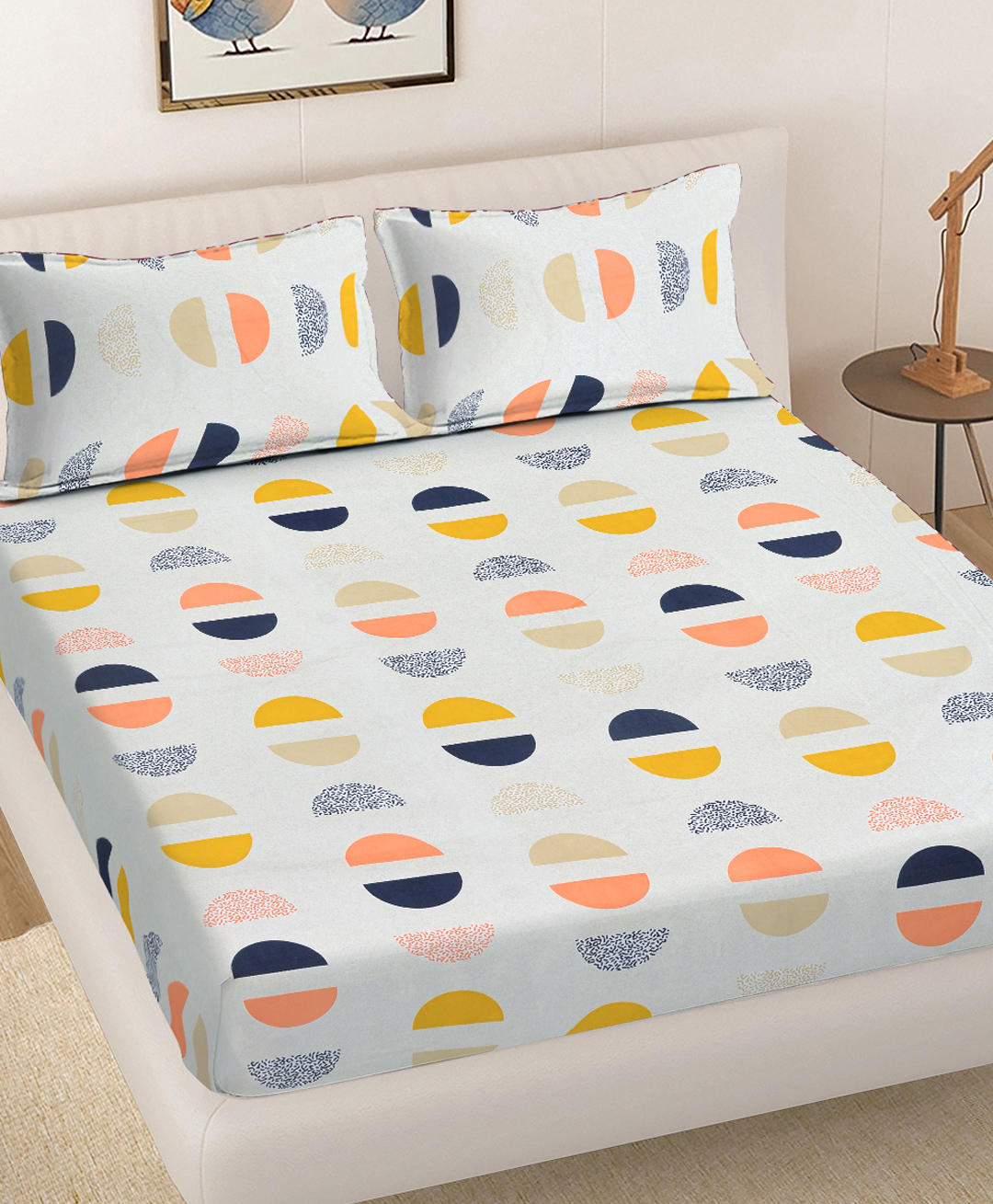 FABINALIV OffWhite Geometric 300 TC Cotton Blend King Size Fitted Double Bedsheet with 2 Pillow Covers-image-3