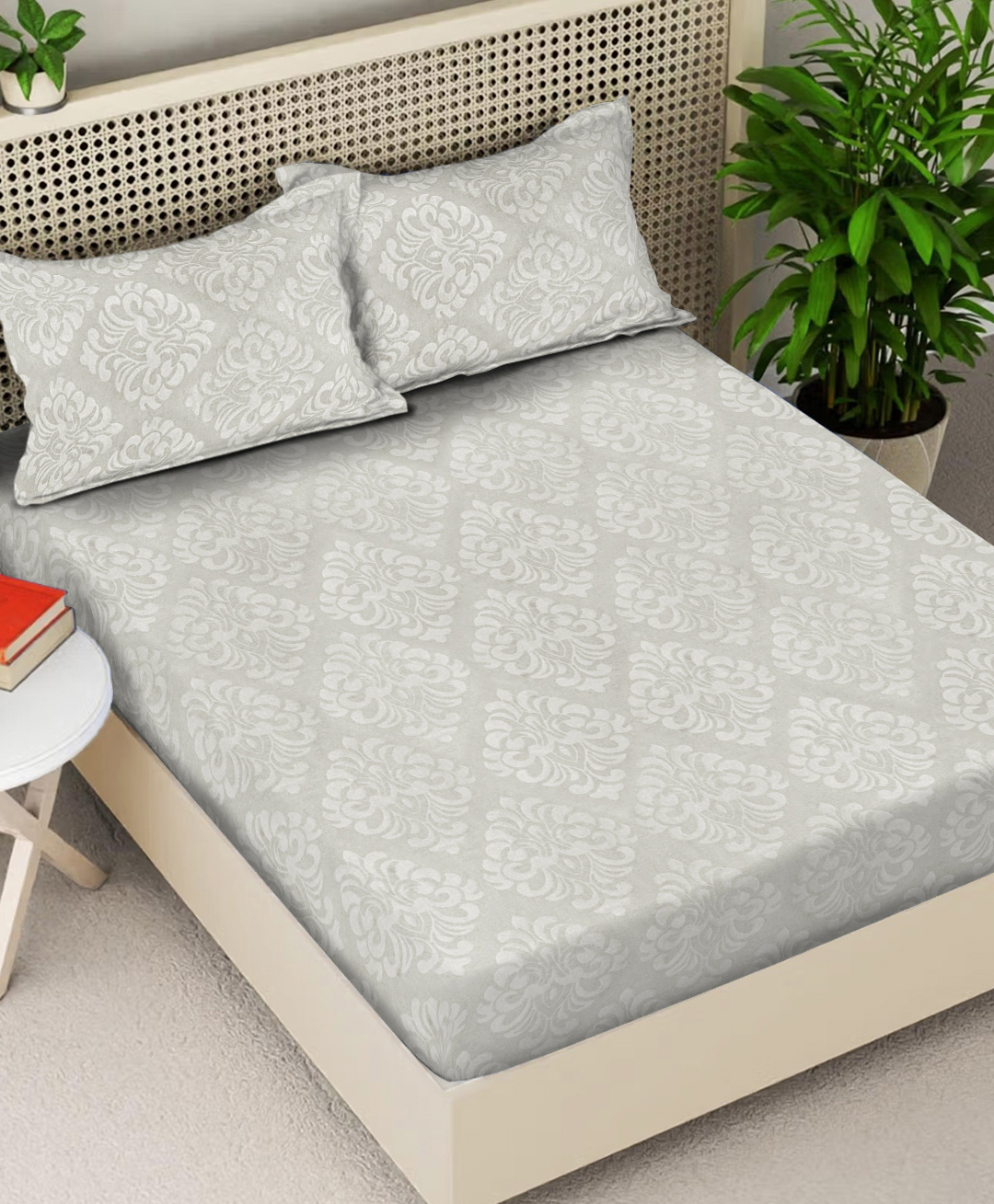 FABINALIV Cream Ethnic 300 TC Cotton Blend King Size Fitted Embossed Double Bedsheet with 2 Pillow Covers-image-31