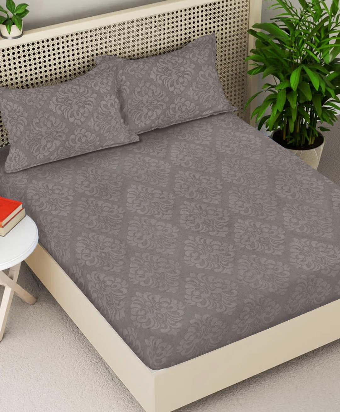 FABINALIV Taupe Ethnic 300 TC Cotton Blend King Size Fitted Embossed Double Bedsheet with 2 Pillow Covers-picture-13