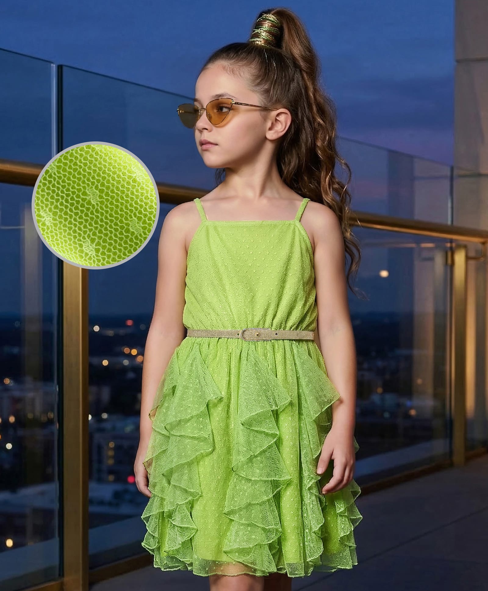 Hola Bonita Knit Sleeveless Solid Colour Mesh Dress with Ruffle Detailing & Belt - Light Green-image-38