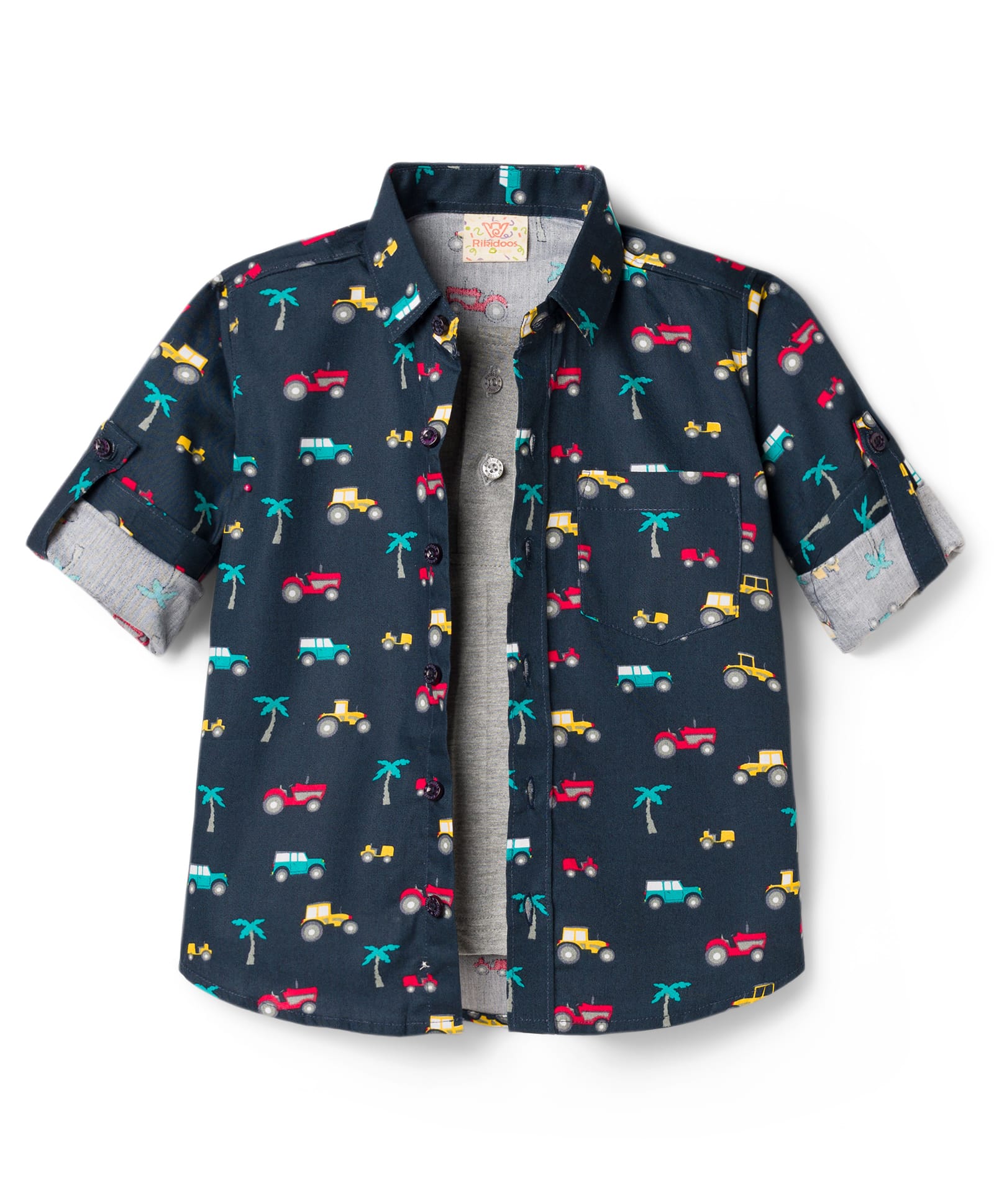 Rikidoos Cotton Woven Full Sleeves Vehicle Printed Shirt with Attached T-Shirt - Navy Blue-picture-8