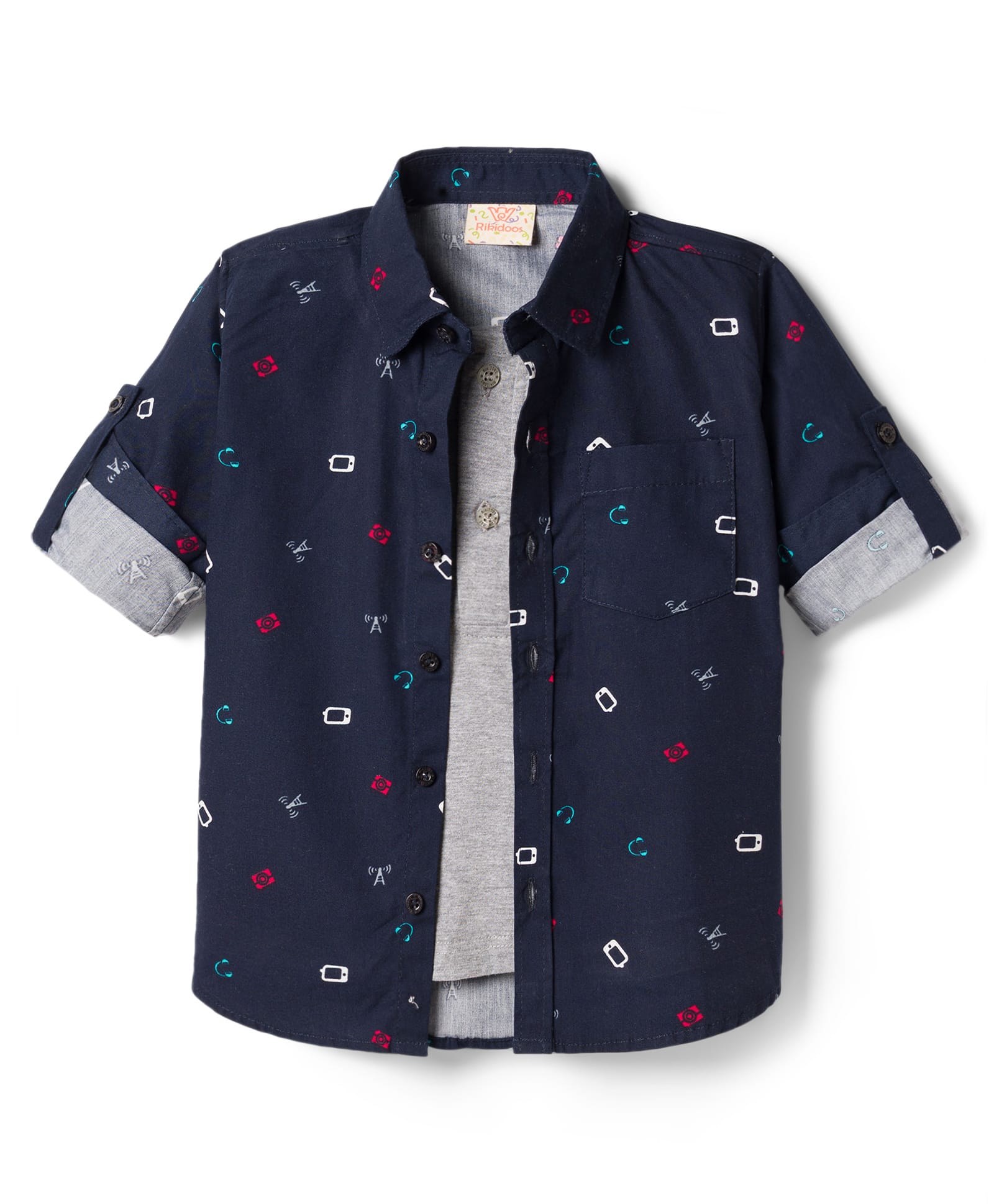 Rikidoos Cotton Woven Full Sleeves Printed Shirt with Attached T-Shirt - Navy Blue-picture-44