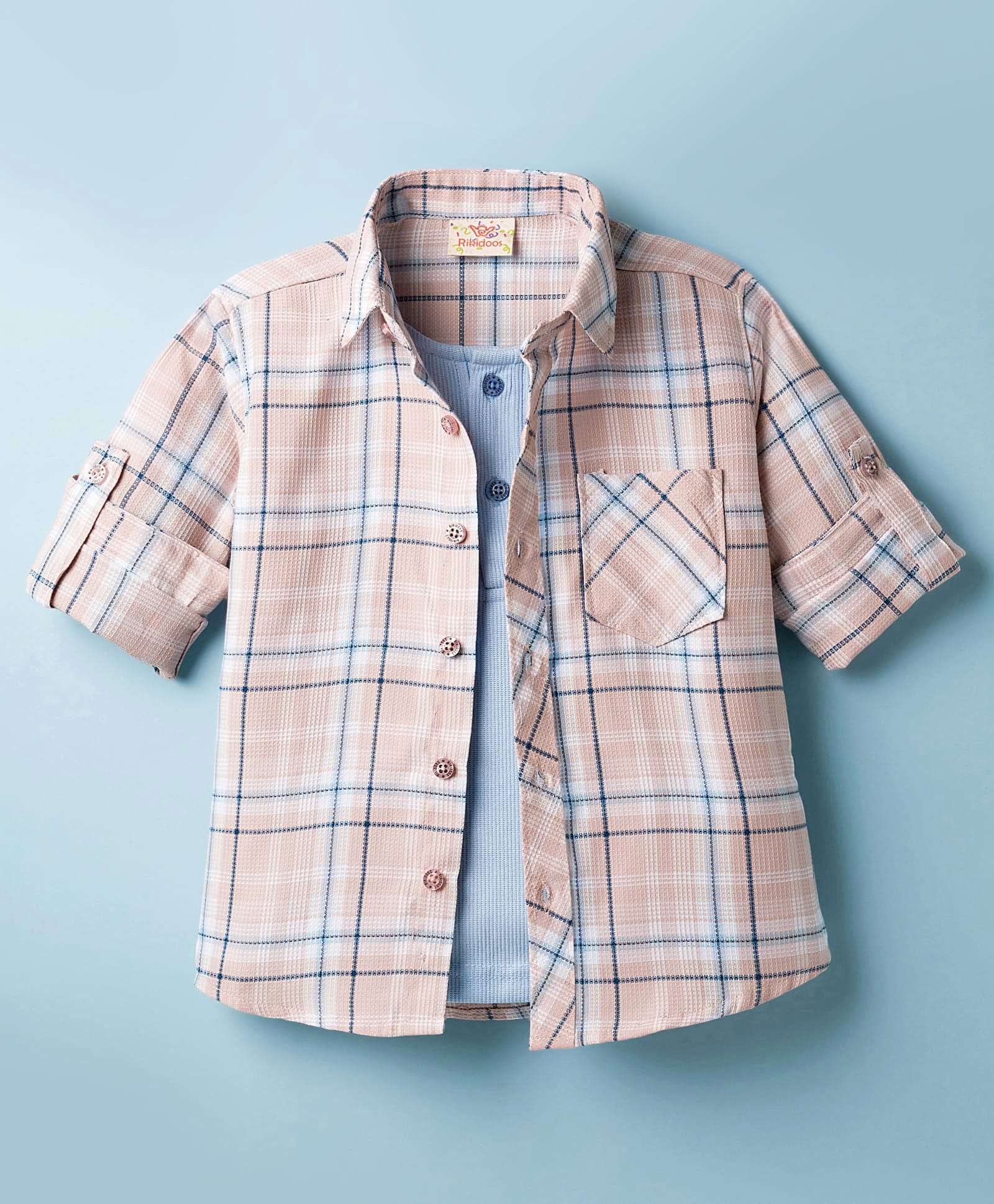 Rikidoos Cotton Woven Full Sleeves Checkered Shirt with Attached Tee - Beige & Light Blue-picture-21