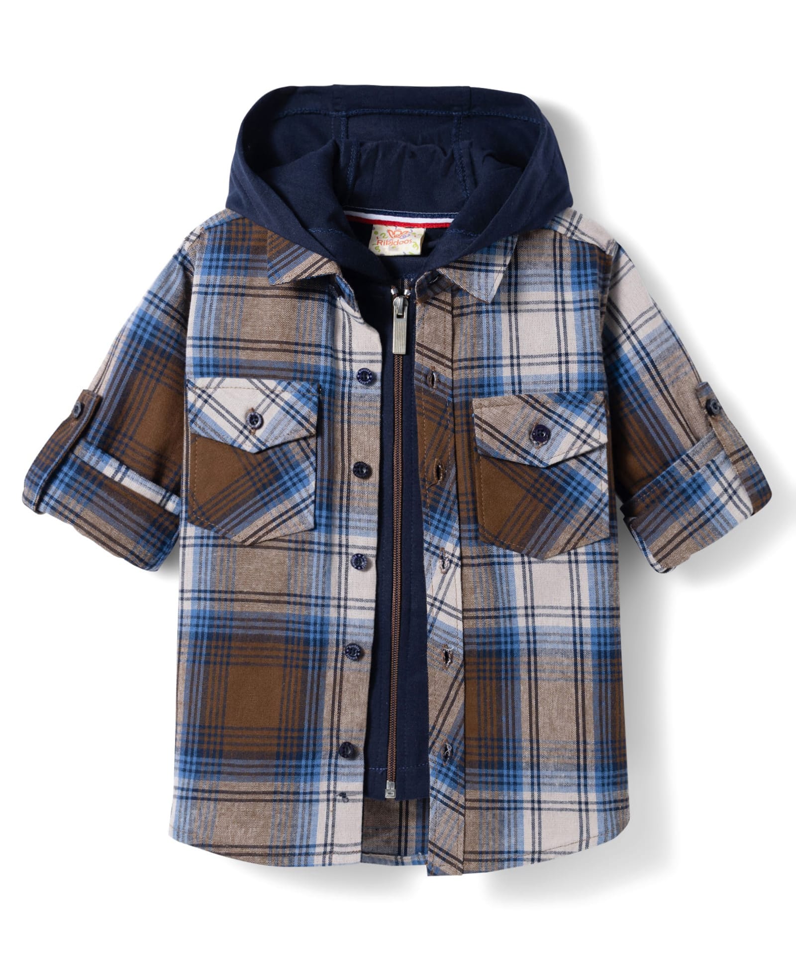 Rikidoos Cotton Woven Full Sleeves Checks Hooded Shirt - Brown & Navy Blue-image-4