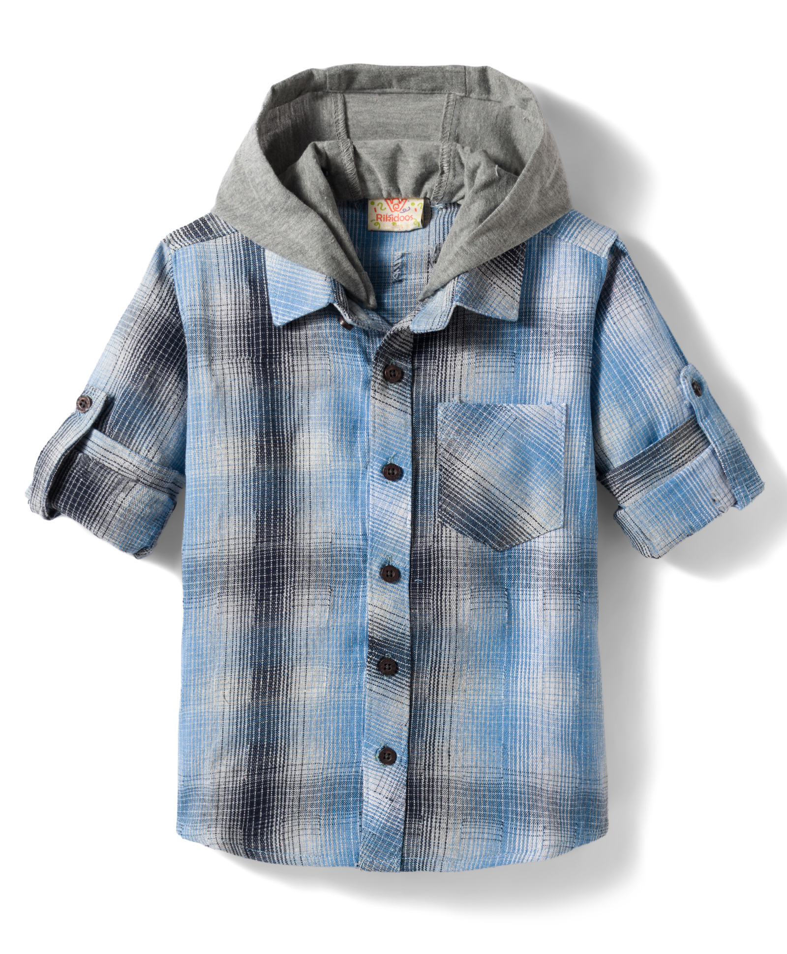 Rikidoos Cotton Woven Full Sleeves Checkered Hooded Shirt with Attached T-Shirt - Light Blue-picture-20