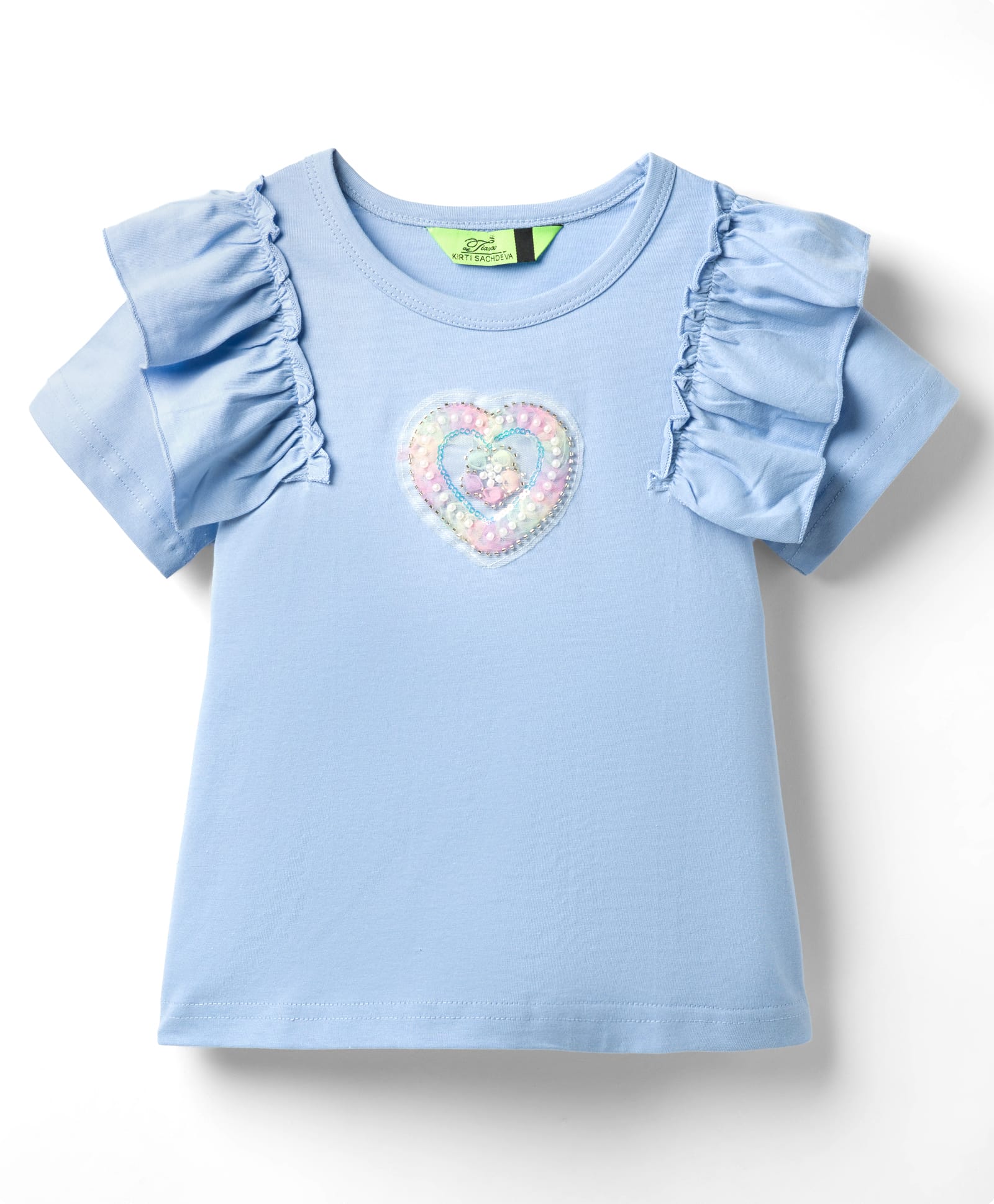 Tiara Cotton Jersey Knit Half Sleeves Pearl Embellished Heart Designed Tee - Sky Blue-picture-14