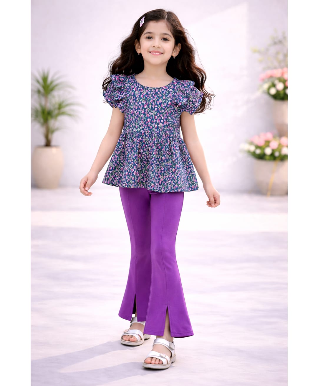 Tiara Cotton Jersey Knit Half Sleeves Floral Printed Top & Bell Bottom Pants Set - Purple-picture-22