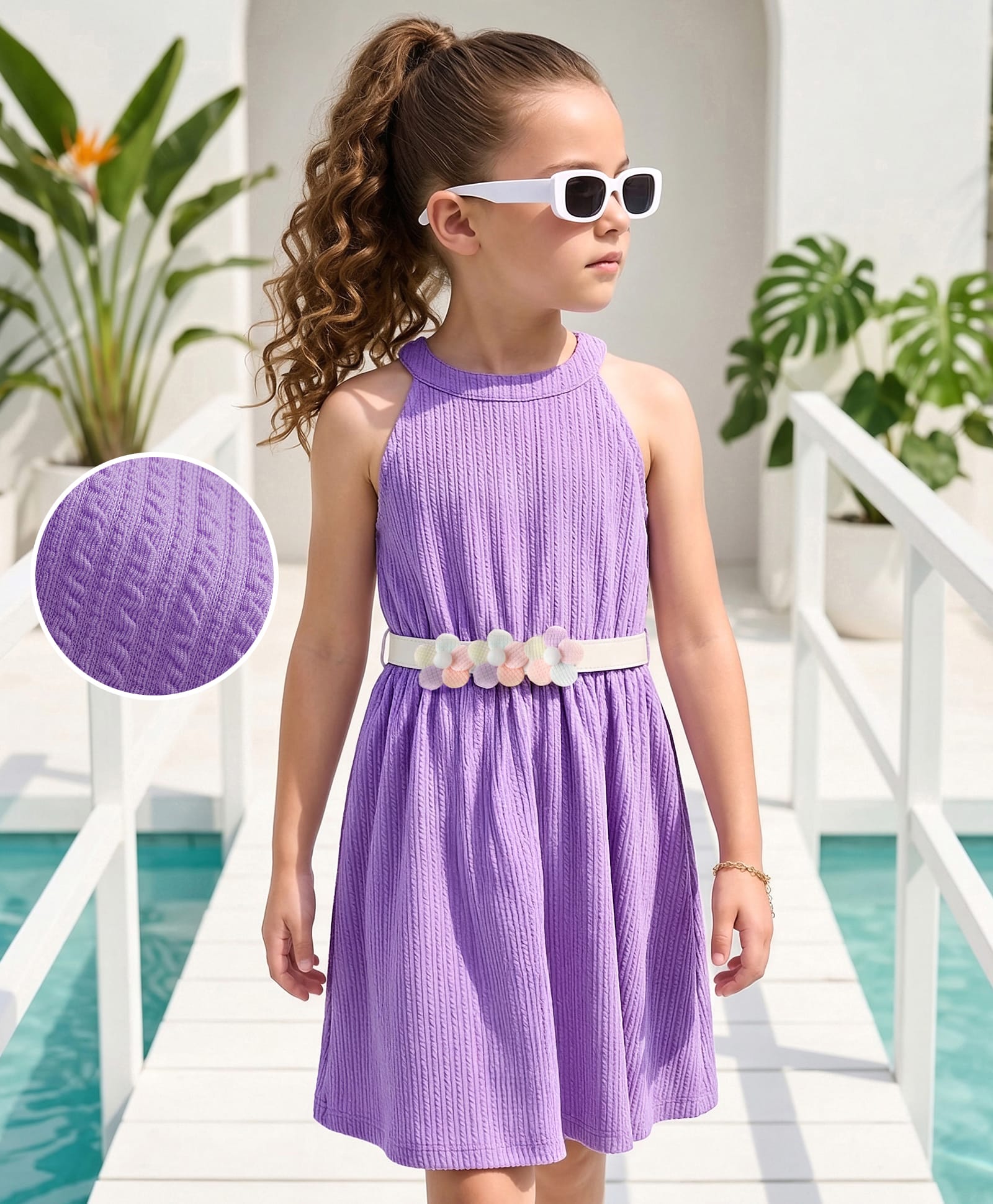 Hola Bonita Knit Sleeveless Solid Textured Frock With Floral Applique Belt - Lilac-image-47