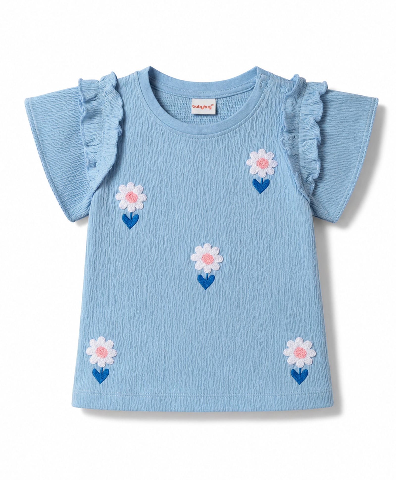 Babyhug 100% Cotton Knit Half Sleeves Floral Embroidered Top - Light Blue-picture-13
